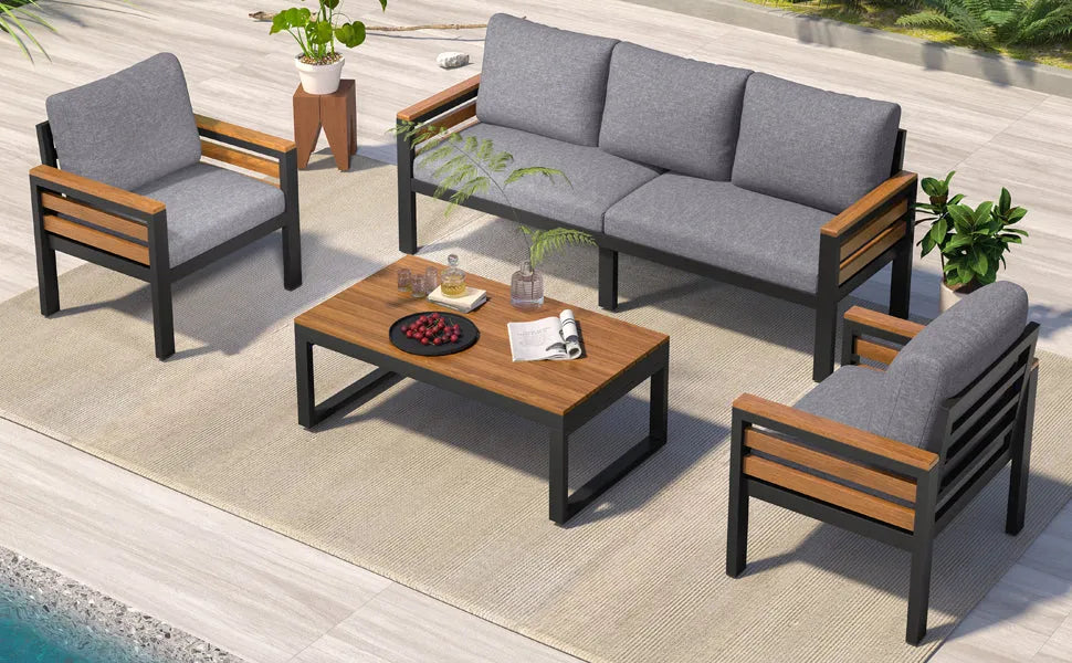 <Old SKU: N704G201246E> GO 4-Piece Outdoor Furniture Sofa Set for 5 People with Acacia Wood Armrests, Patio Conversation Set with Removable Cushion – view 7