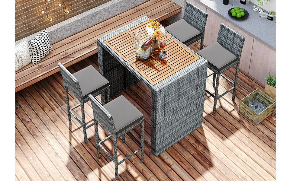 <Old SKU: FG201216AAE> GO 5-pieces Outdoor Patio Wicker Bar Set, Bar Height Chairs With Non-Slip Feet And Fixed Rope, Removable Cushion, Acacia Wood – view 7