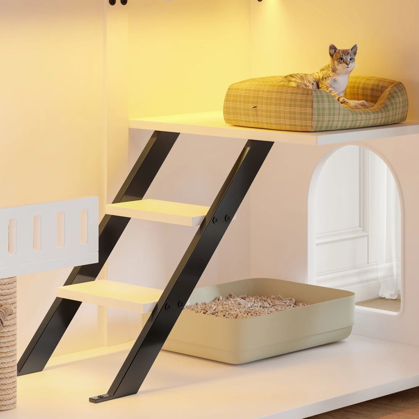47.25' Large Cat Litter Box Enclosure with LED Light, Hidden Litter Box Furniture, Cat House with Stairs and Cat Scratching Post, Cat Cabinet Side – view 7