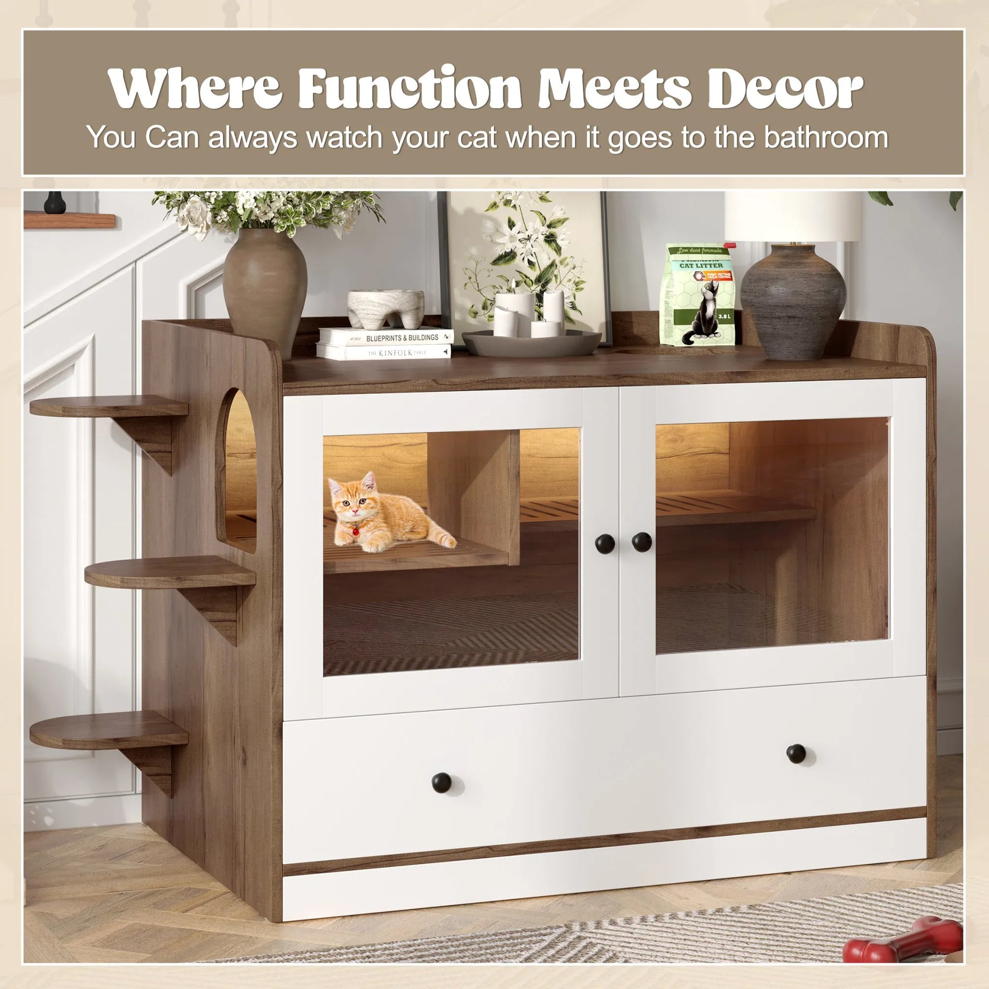 Cat Litter Box Enclosure, Hidden Cat Litter Box Furniture with Drawer and Stairs, Wooden Cat House Washroom for Bedroom,Cat Cabinet Side Table for – view 7