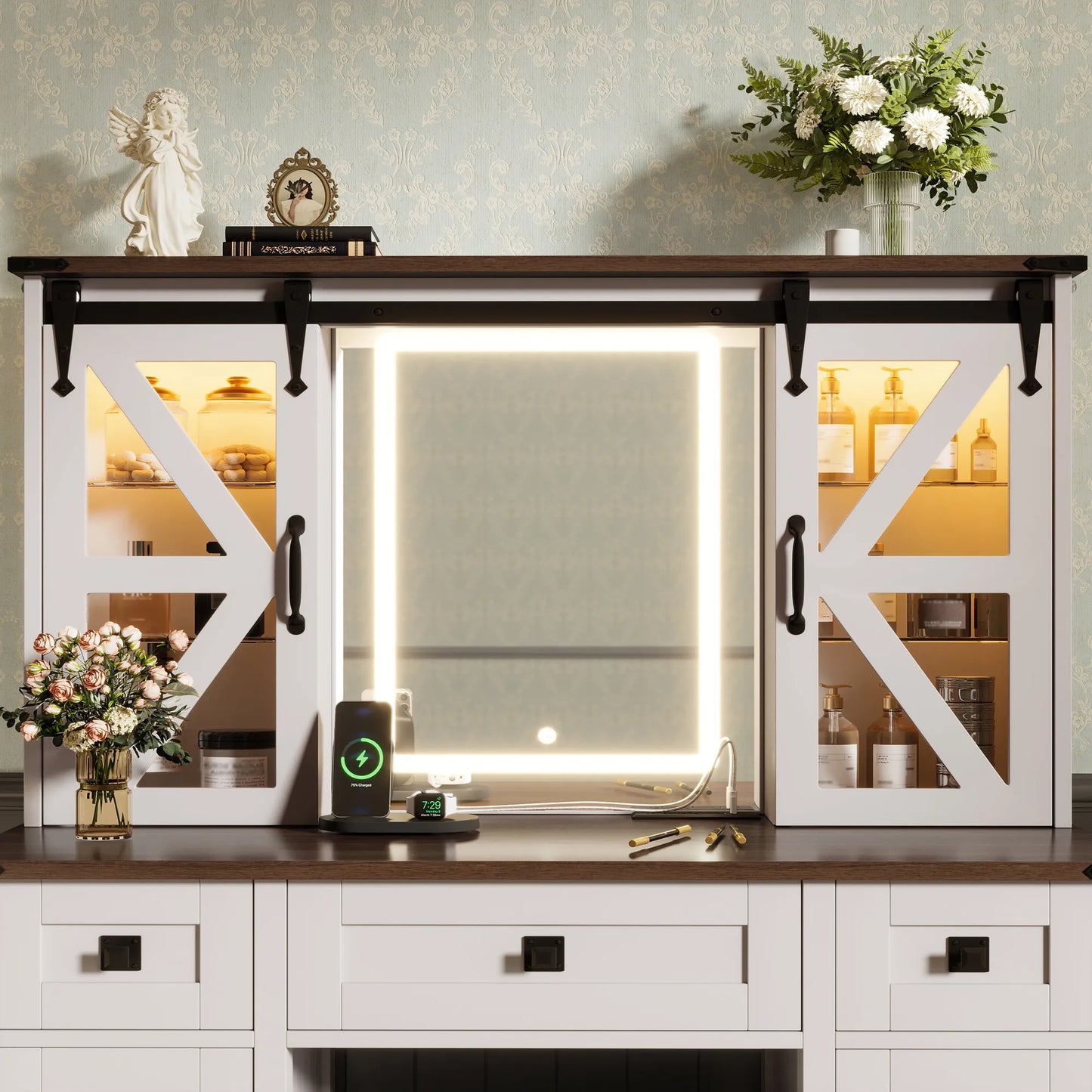 (Stool NOT Included) 43.3' Farmhouse Makeup Vanity Desk with Lighted Mirror, Vanity Table with Charging Station, Dressing Table with Sliding Barn – view 7
