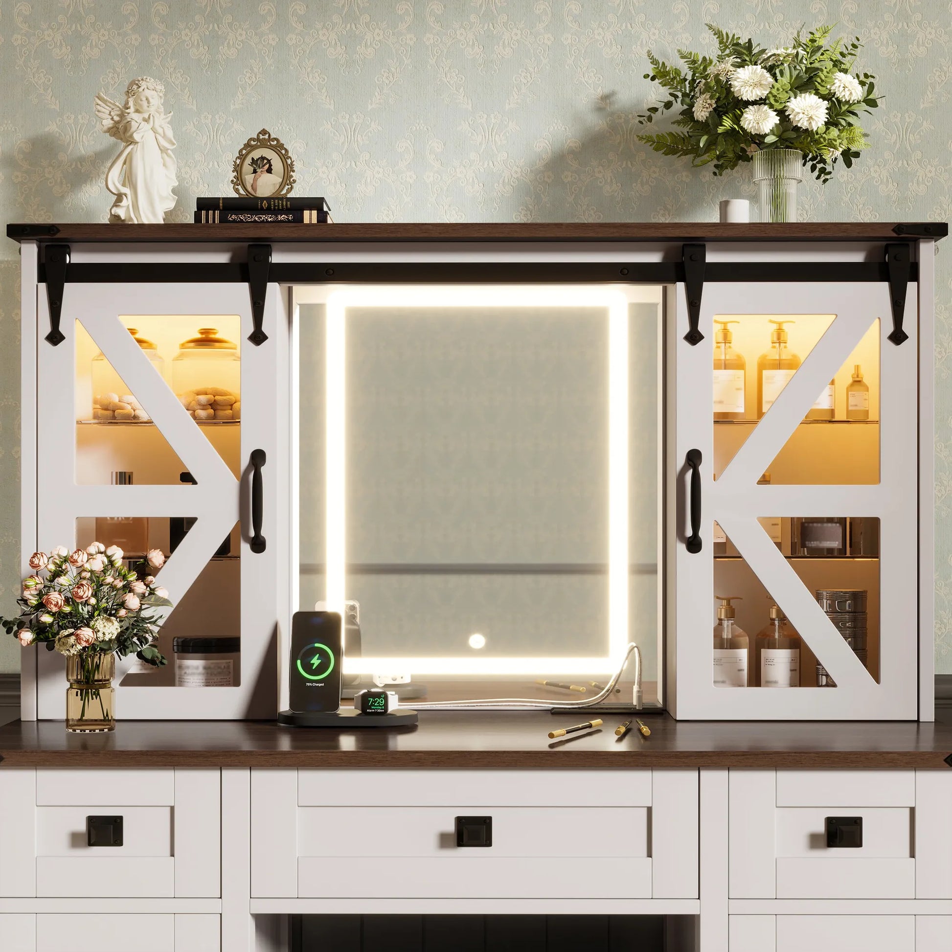 (Stool NOT Included) 43.3' Farmhouse Makeup Vanity Desk with Lighted Mirror, Vanity Table with Charging Station, Dressing Table with Sliding Barn – view 7