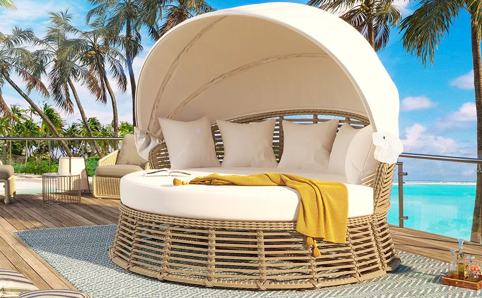 <Old SKU: N704G201243A> Outdoor Patio Rattan Round Daybed with Retractable Canopy, Wicker Furniture Round Poolside Sofa Sunbed with Removable – view 7