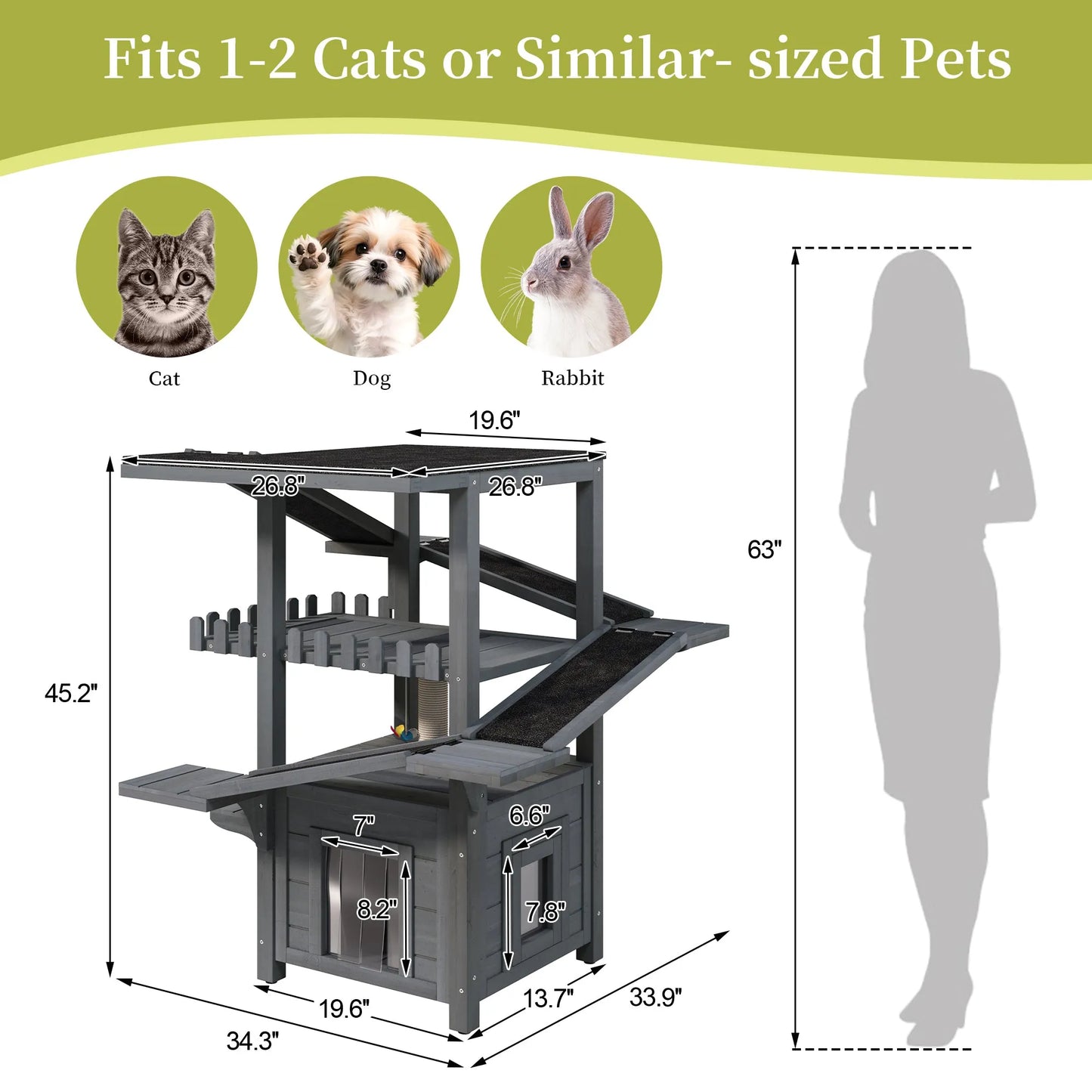 4 Tiers Outdoor Cat House Weatherproof Cat Tree Tower with Waterproof Roof and 2 Doors , Feral Cat Shelter Outside Enclosure, Multi-Level Play Zones – view 7