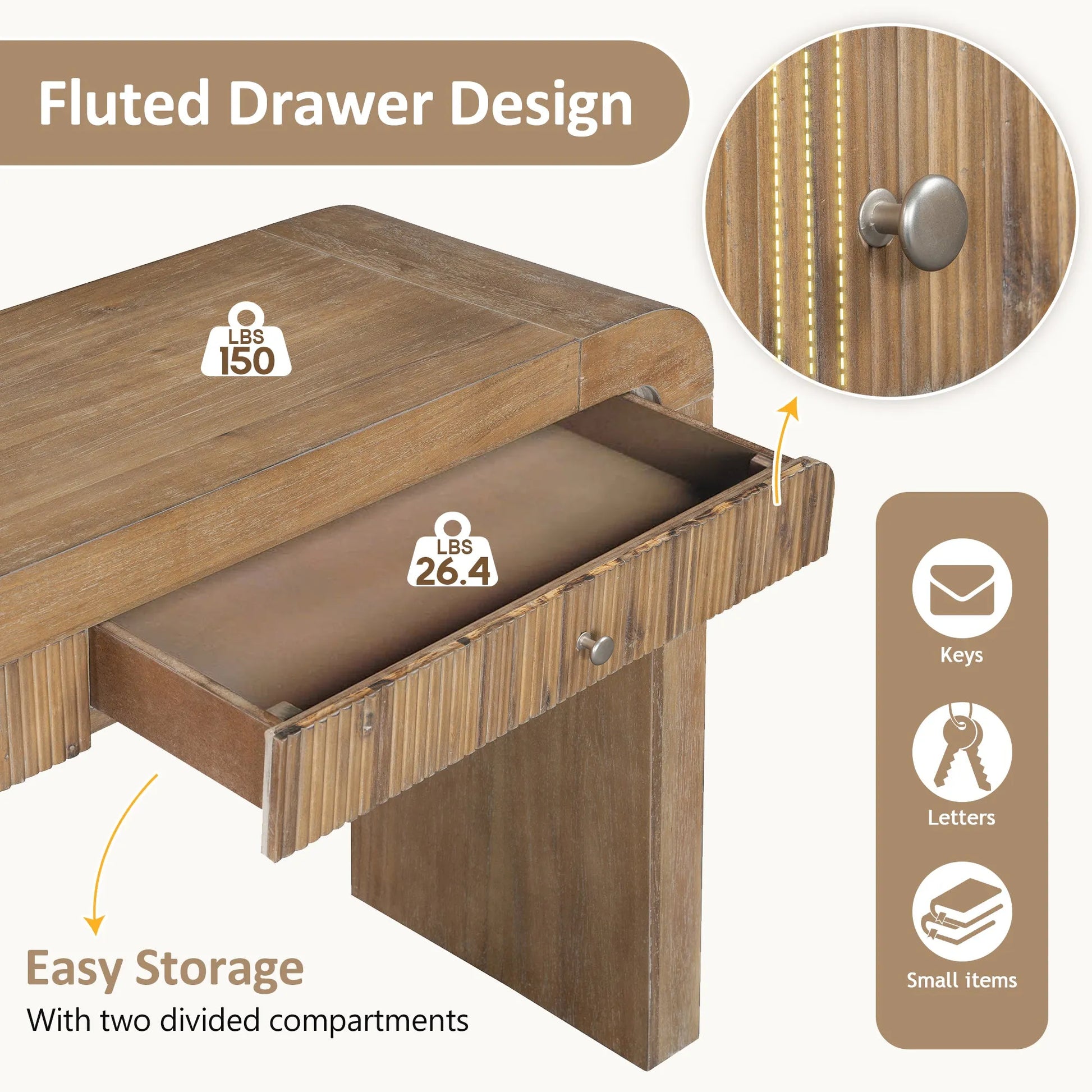 Rustic Console Table with Fluted Drawer Front, Entryway Table with Curved Corners & Thick Legs, Sturdy Sofa Table for Hallway & Living Room (Natural) – view 7