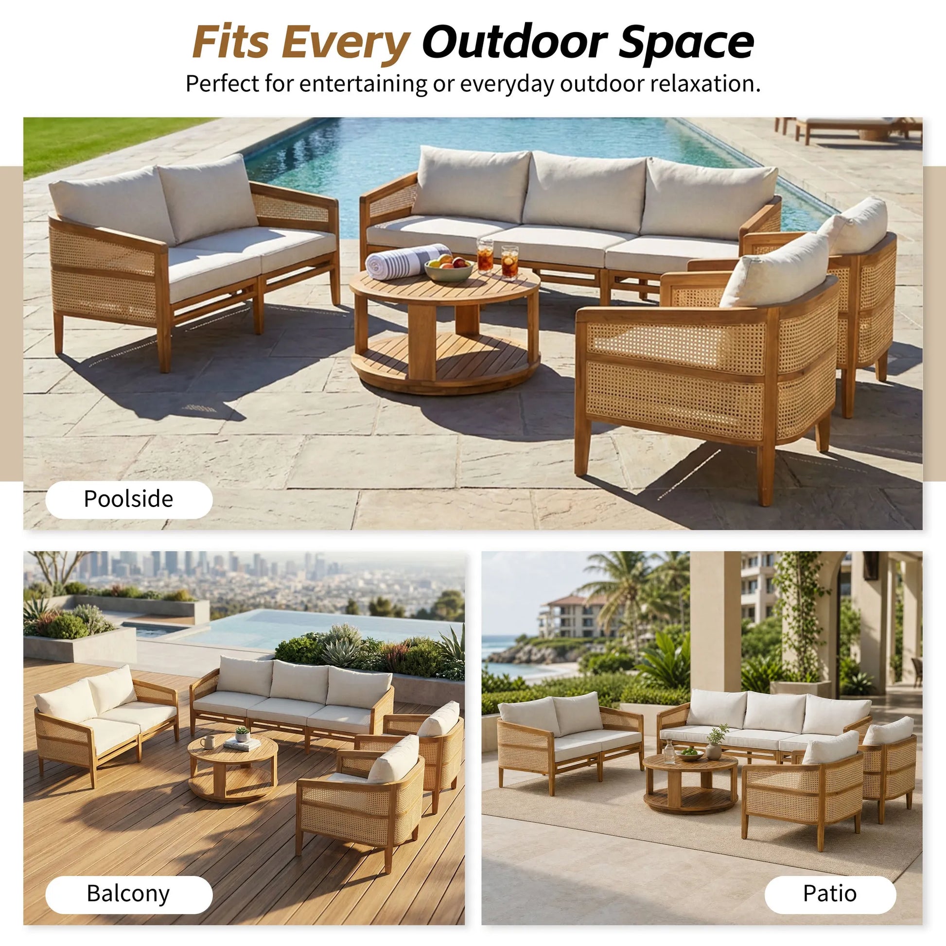5-Piece Acacia Wood Patio Furniture Set, Modular Outdoor PE Rattan Sofa Set with Loveseat, 2 Armchairs & Round Coffee Table, Water-Resistant Cushions – view 7
