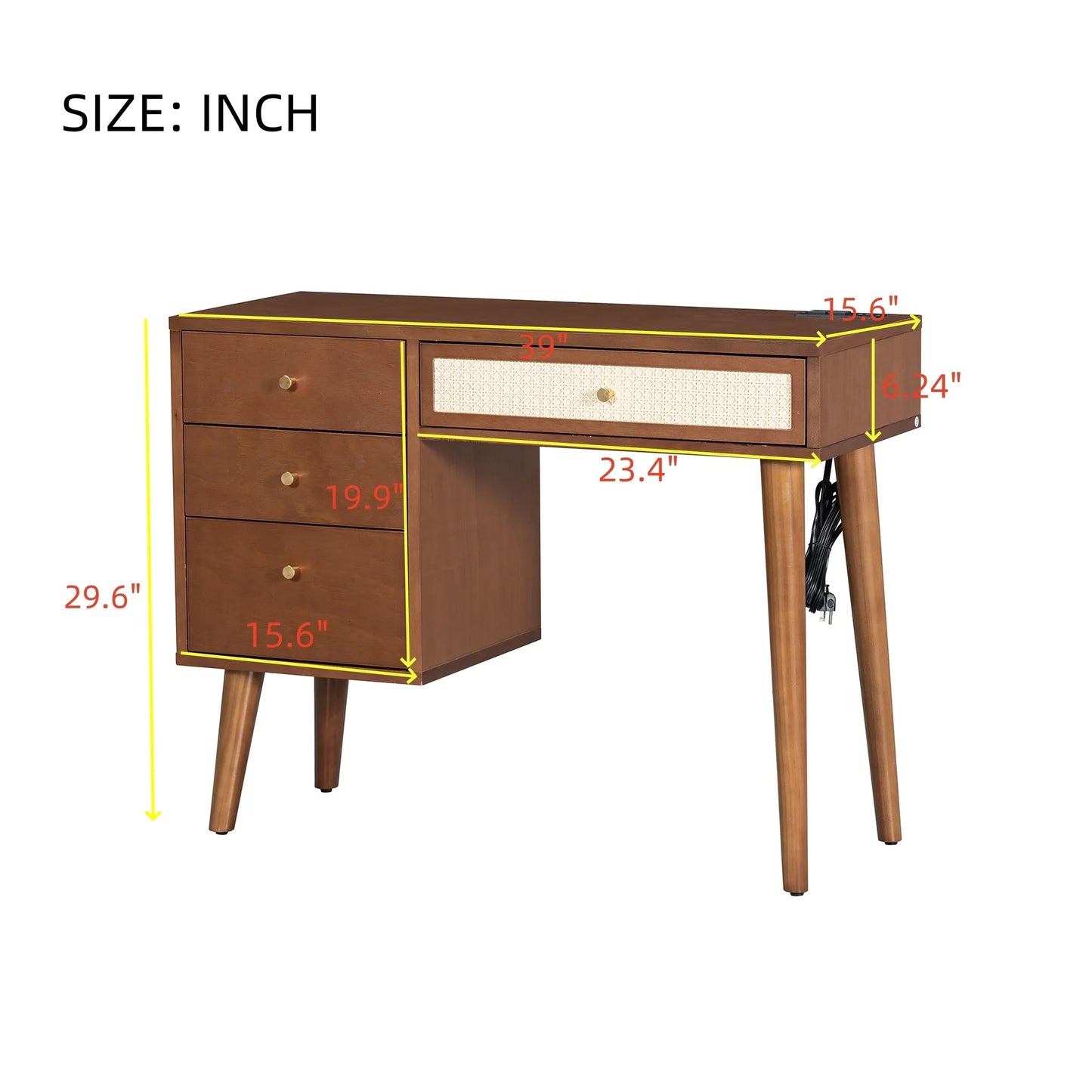 39' Retro Bohemian Style Wooden Makeup Vanity Set with Charging Plug&USB Port and Stool, Dressing Table with 3 Storage Drawers and 1 Rectangular – view 7