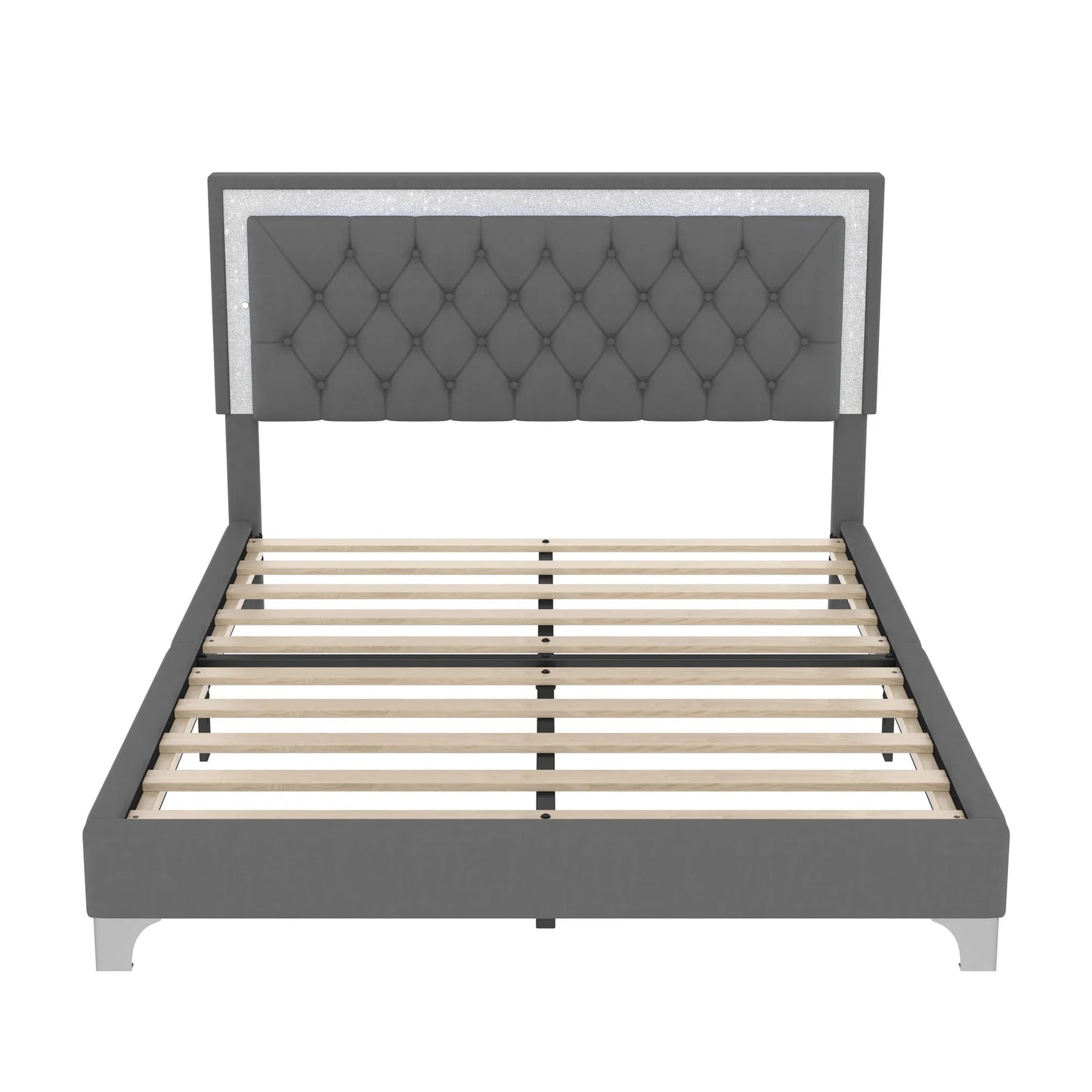 3-Pieces Bedroom Sets,Queen Size Upholstered Platform Bed with LED Lights and Two Nightstands-Gray – view 7