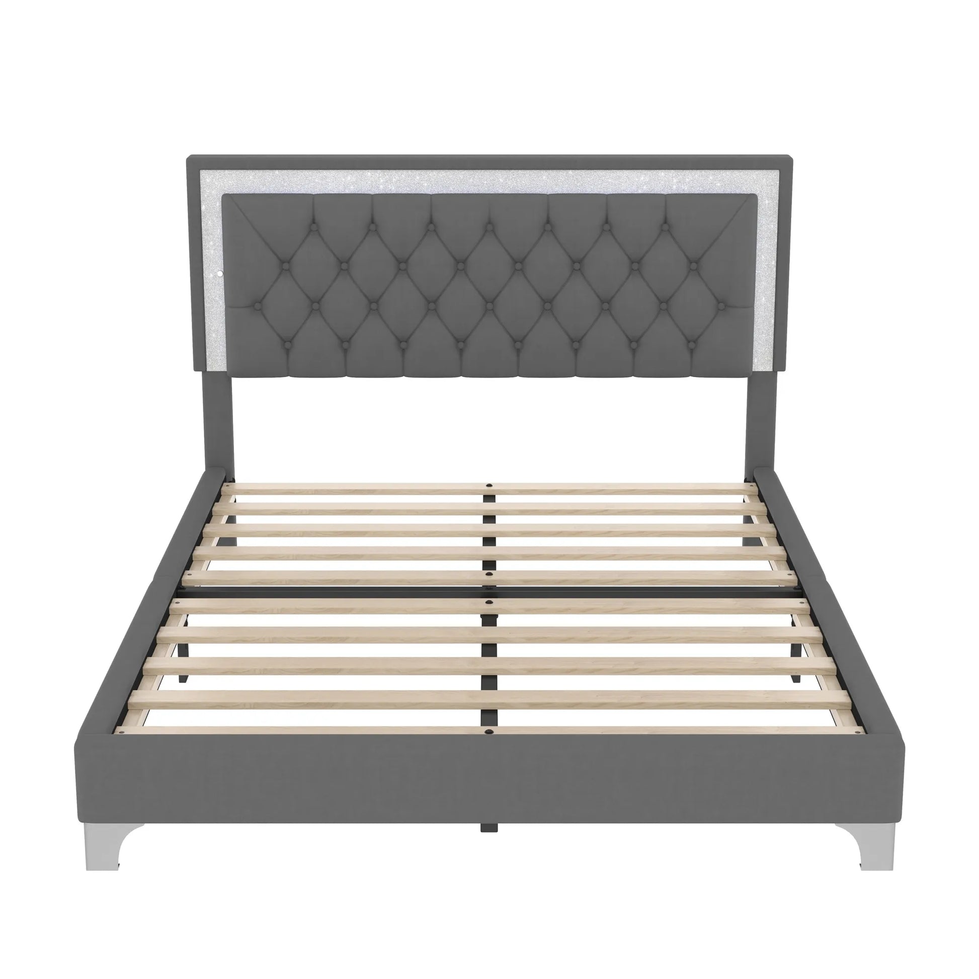 3-Pieces Bedroom Sets,Queen Size Upholstered Platform Bed with LED Lights and Two Nightstands-Gray – view 7