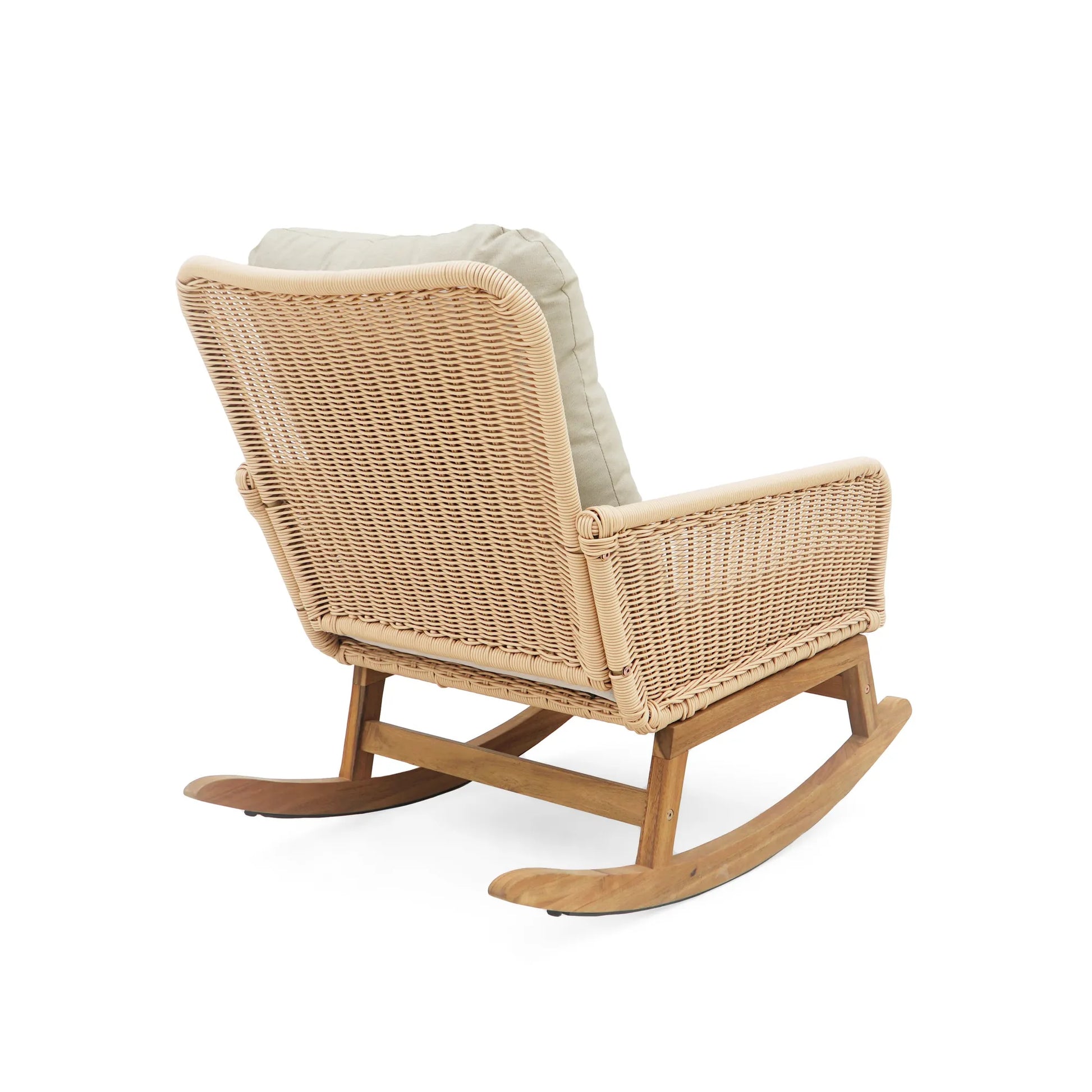 Contemporary Minimalist Beige Wicker Rocking Chair with Soft Polyester Cushions and Wooden Frame – view 7