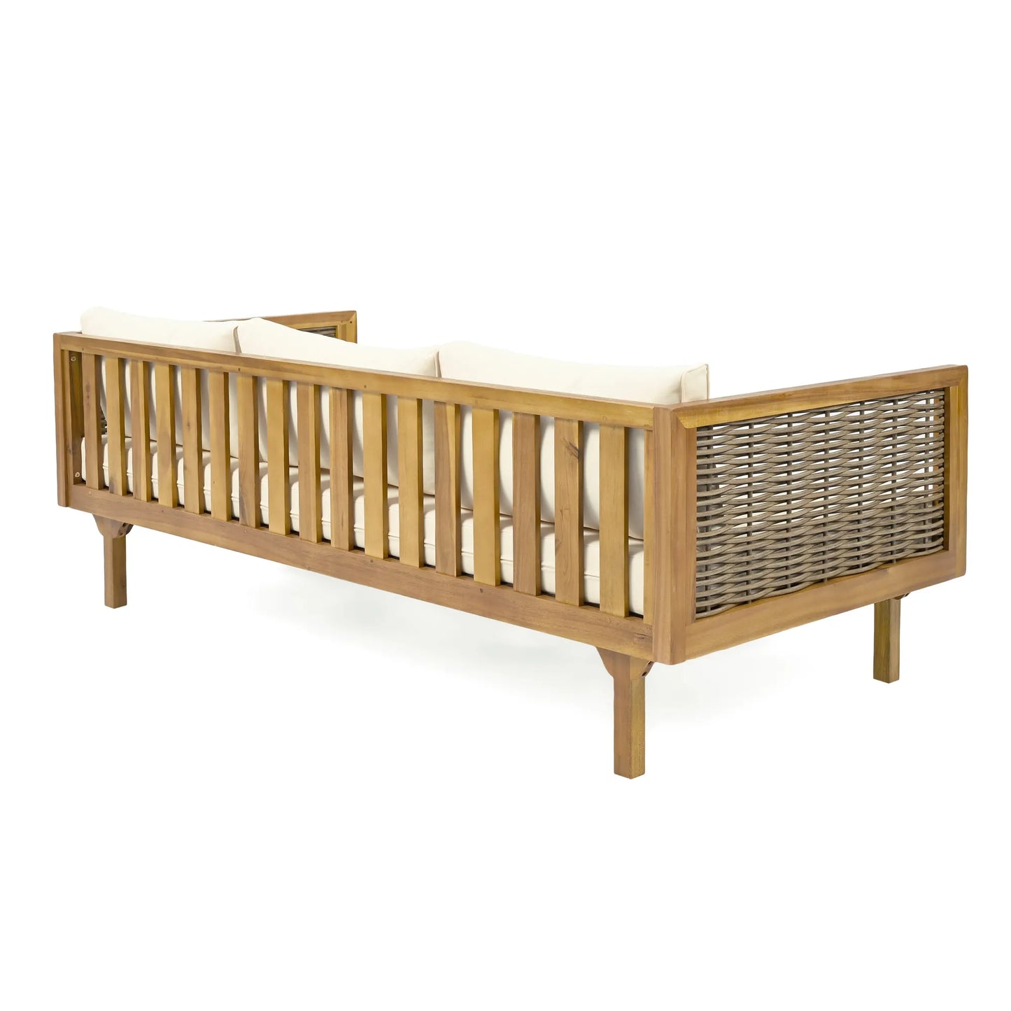 CLAREMONT 3 Seater Daybed with Rattan Arms Beige Cushion Acacia Wood – view 7