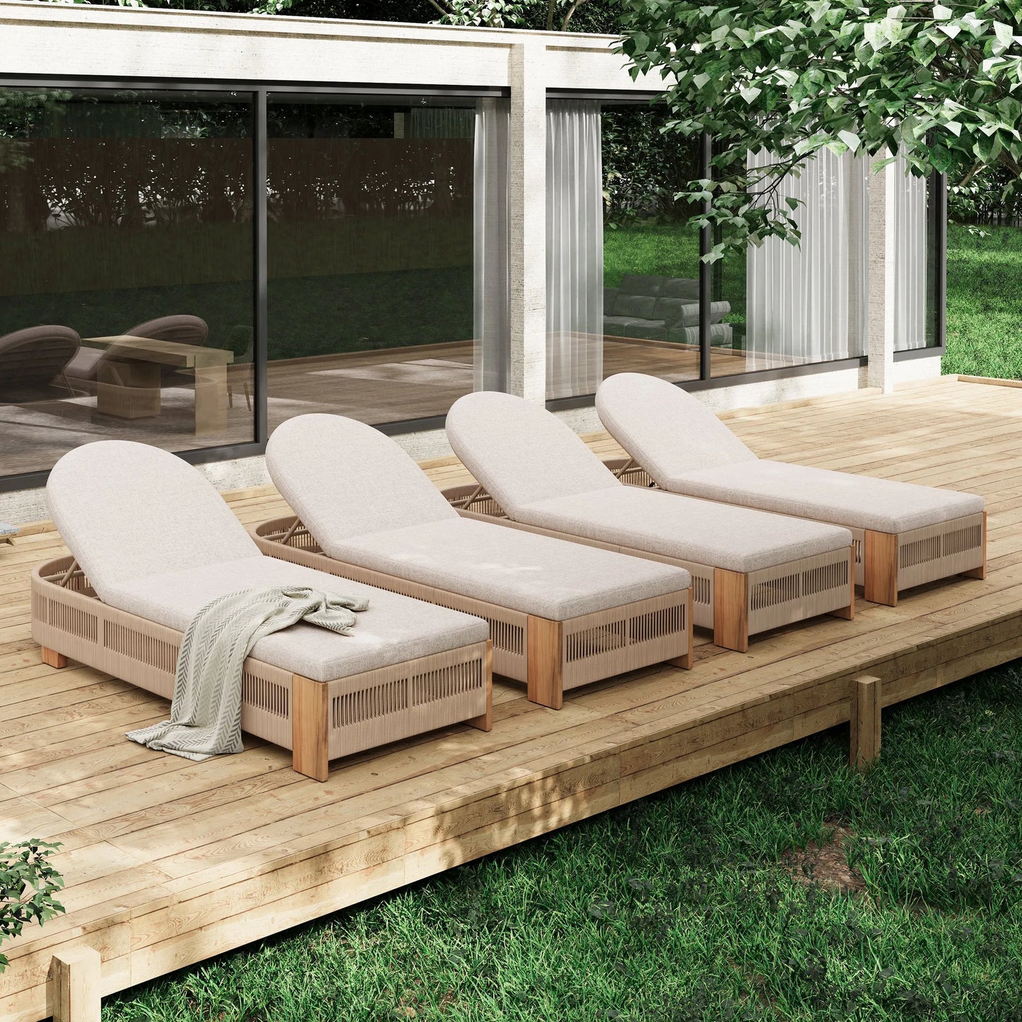 Outdoor Chaise Lounge Chair, Acacia wood Pool Chair with Adjustable Backrest and Cushion, Outdoor Lounge Chair for Beach, Yard, or Poolside (Beige – view 7