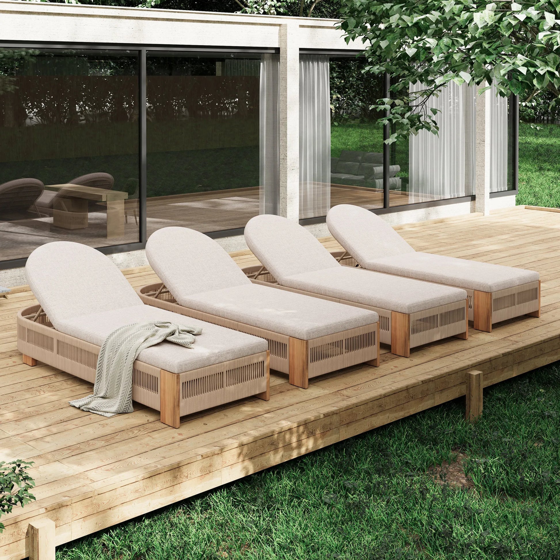 Outdoor Chaise Lounge Chair, Acacia wood Pool Chair with Adjustable Backrest and Cushion, Outdoor Lounge Chair for Beach, Yard, or Poolside (Beige – view 7
