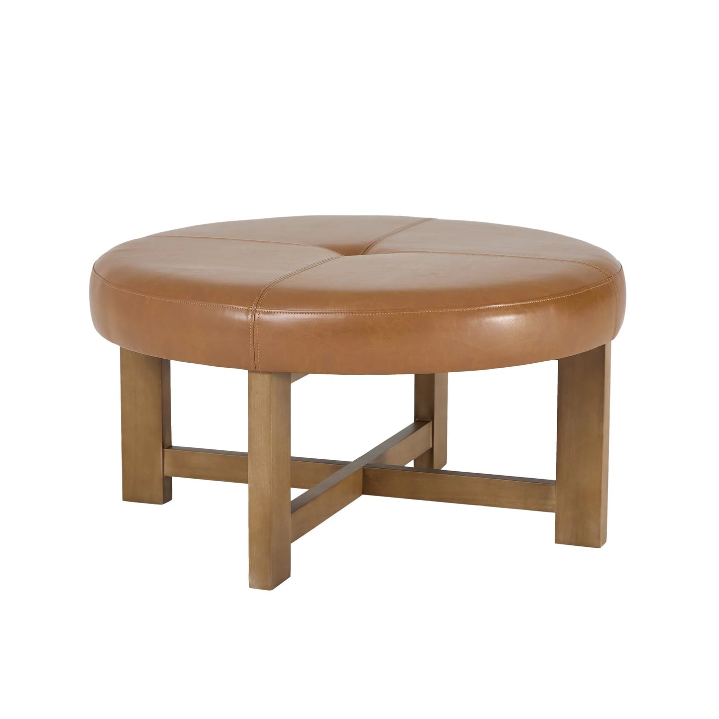 Round Leather Ottoman Coffee Table with Solid Wood Base, Tufted Faux Leather Upholstered Footrest, Brown Top with Walnut Finish Legs – view 7