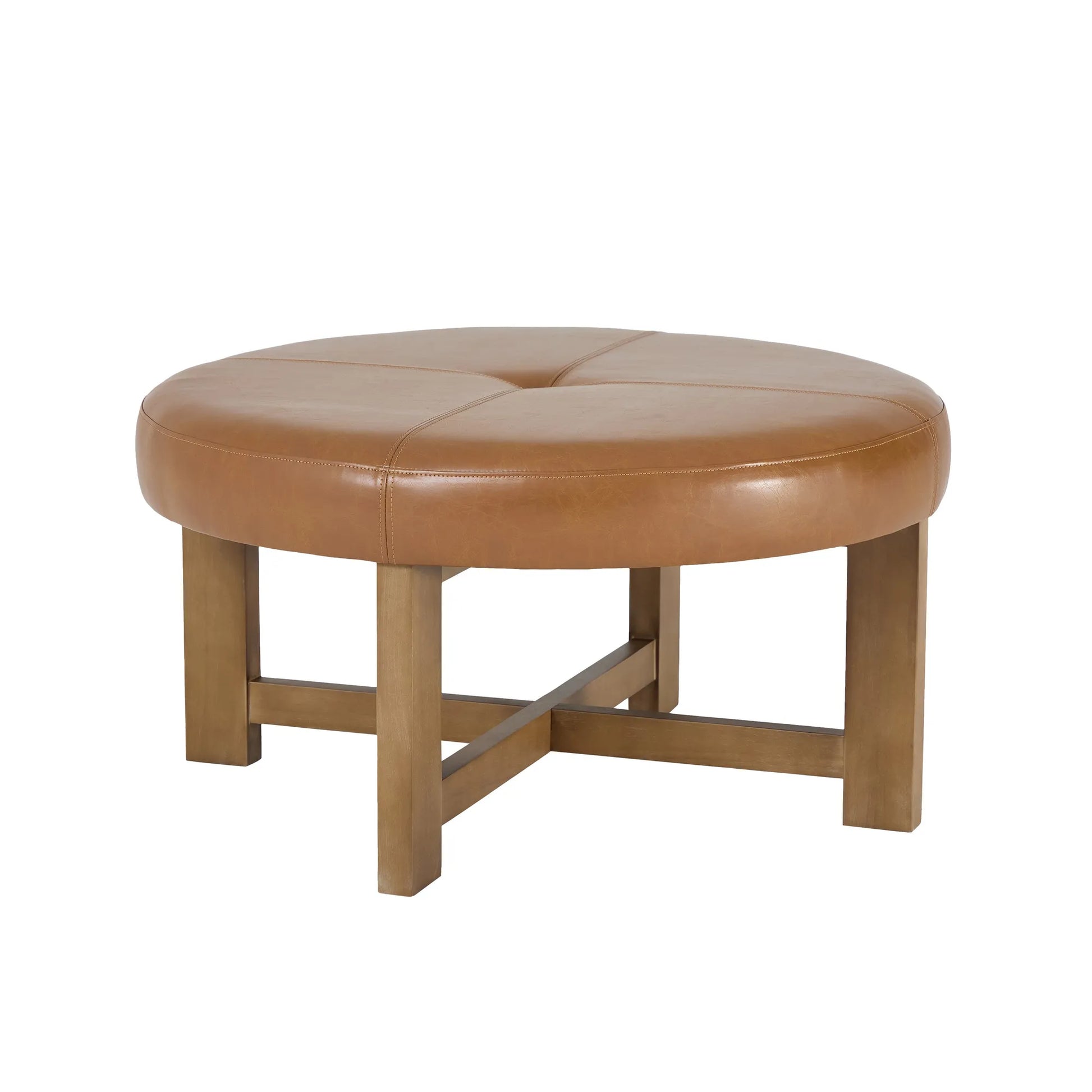 Round Leather Ottoman Coffee Table with Solid Wood Base, Tufted Faux Leather Upholstered Footrest, Brown Top with Walnut Finish Legs – view 7