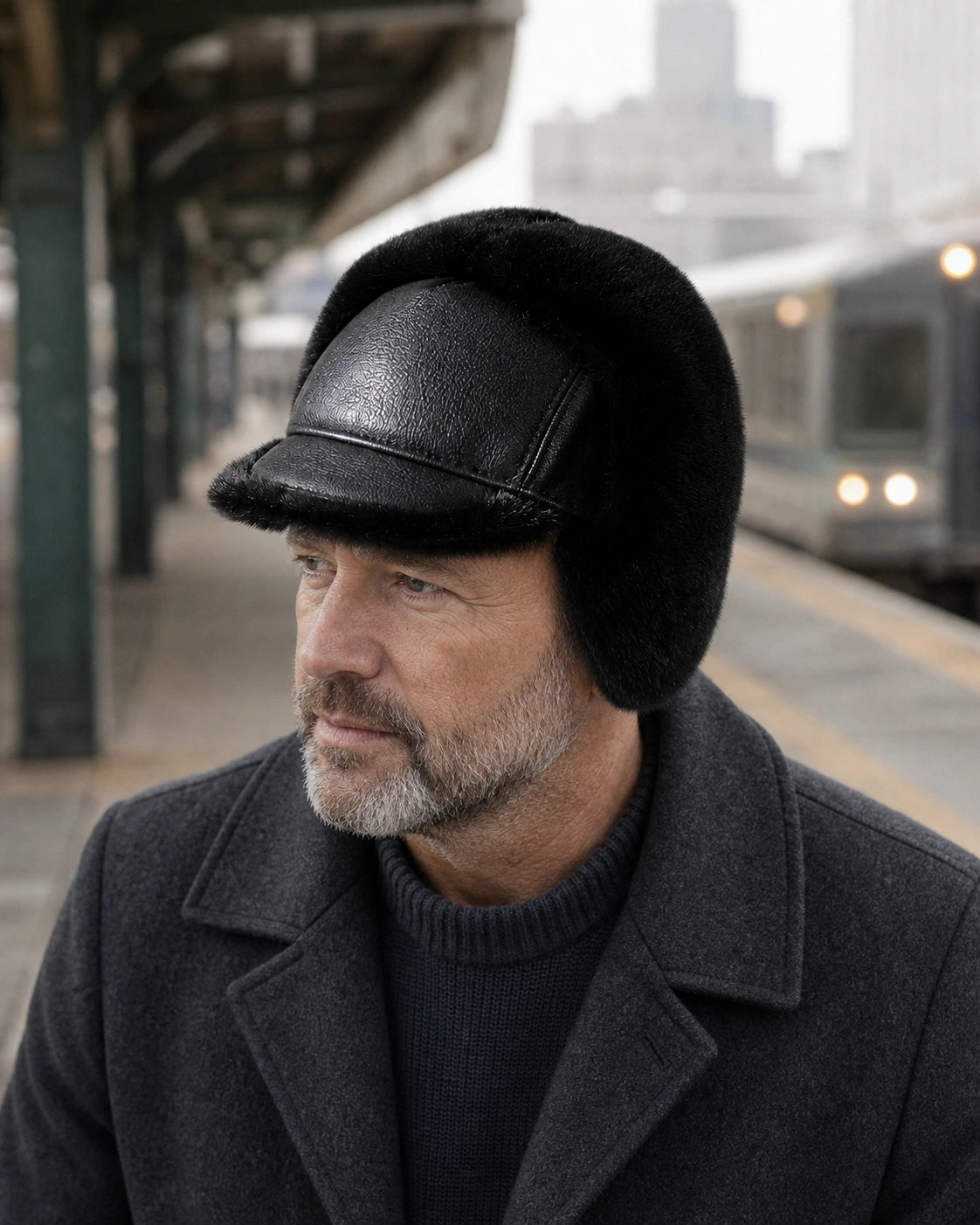 American man over 45 wearing the Natural Black leather-and-fur ear-flap cap during a winter commute