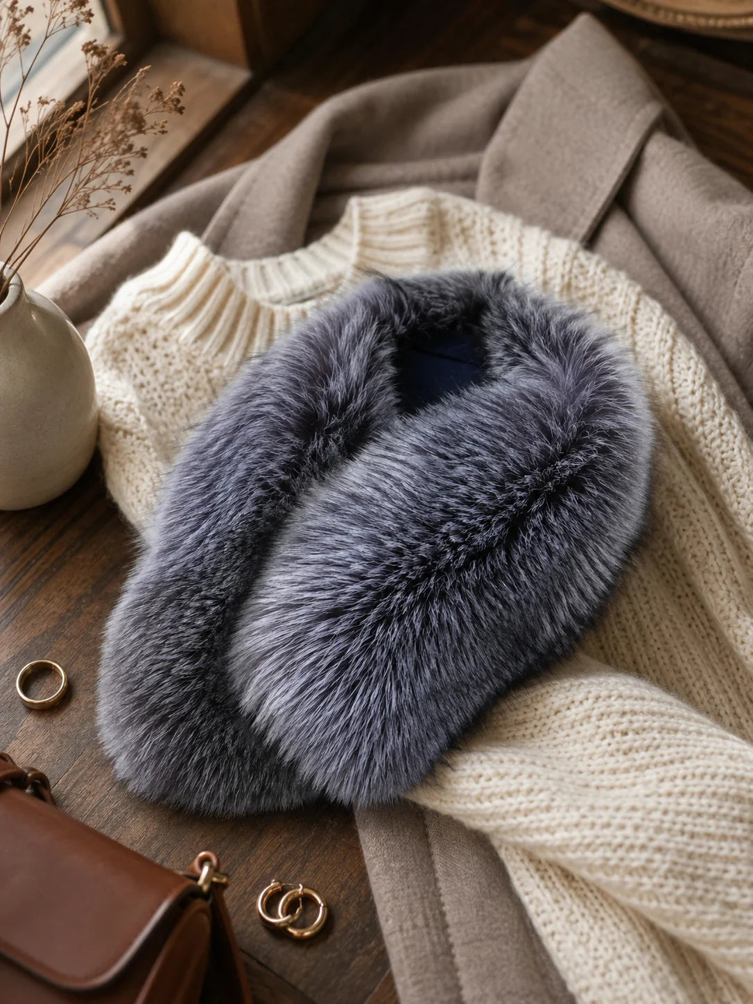 Natural silver fox fur collar arranged with cream knitwear and a taupe coat