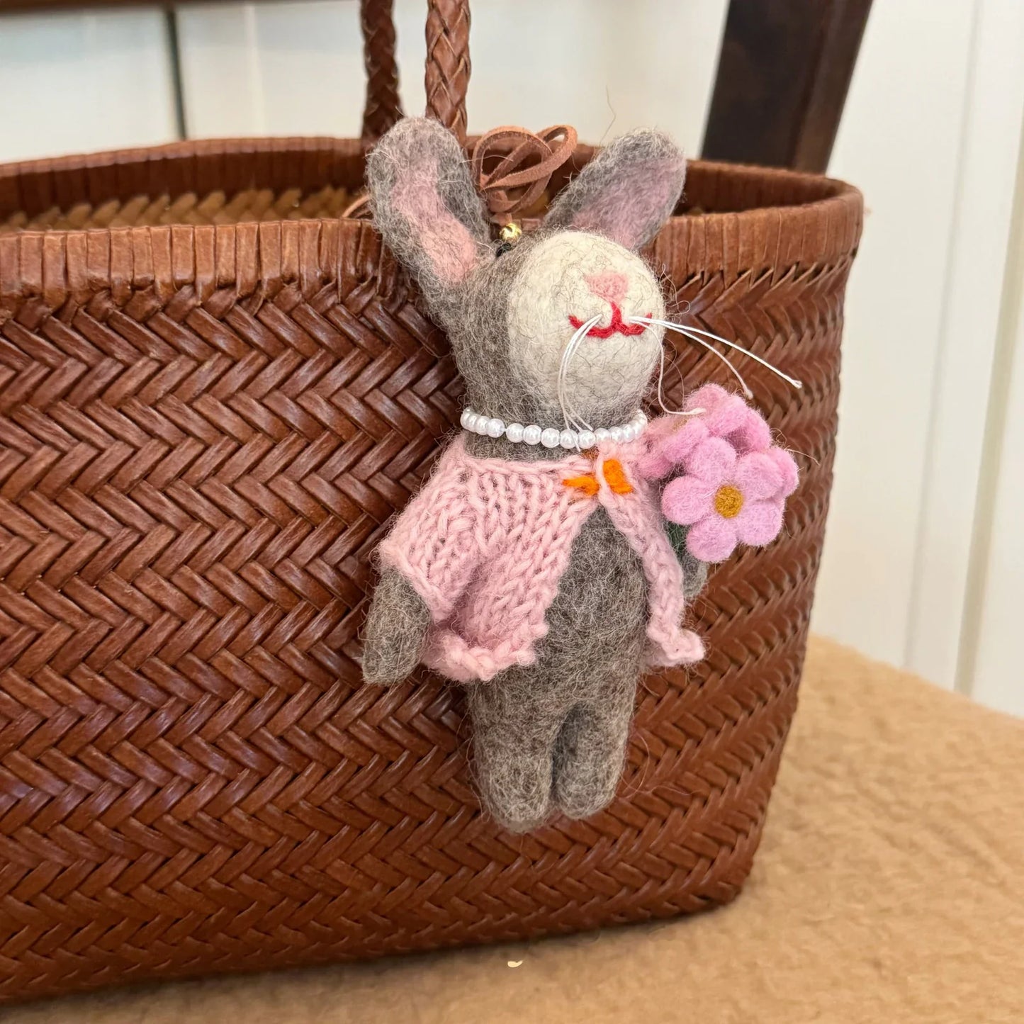 Pink cardigan rabbit wool felt charm