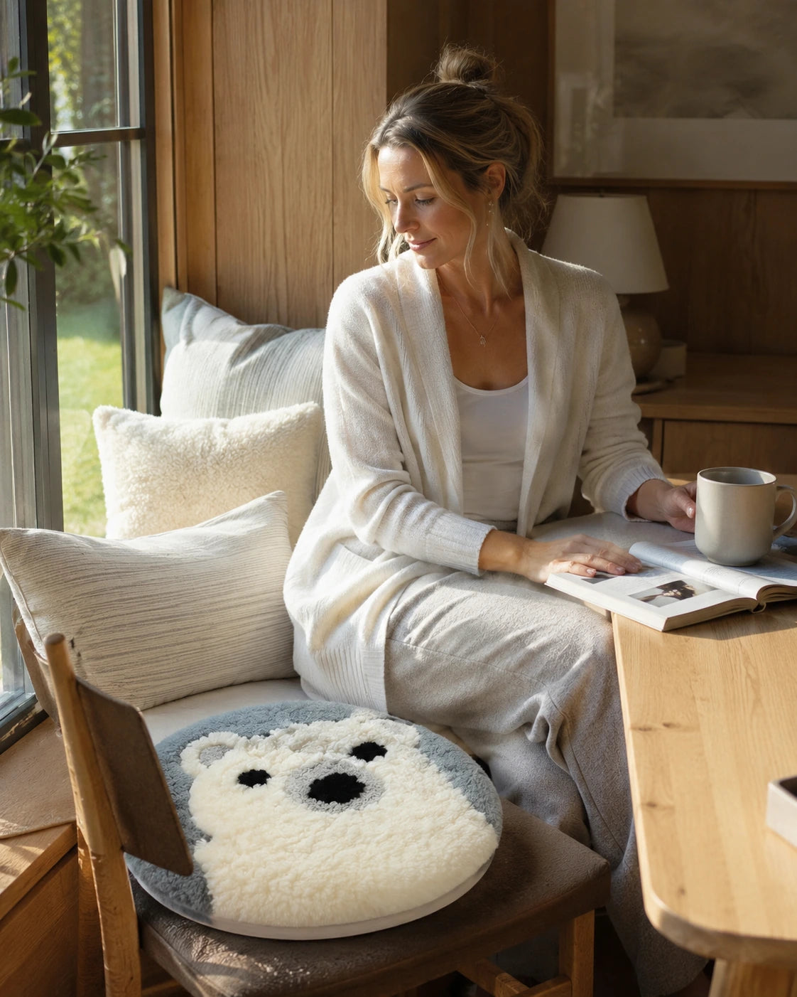 Polar Bear genuine sheepskin round chair pad in a quiet reading corner