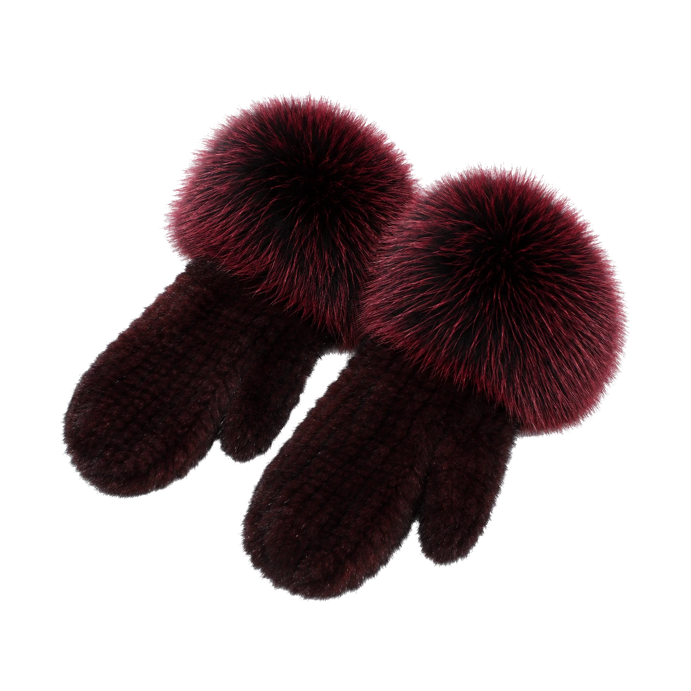 Burgundy Wine genuine mink fur mittens with oversized fox fur cuffs on transparent background