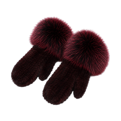 Burgundy Wine genuine mink fur mittens with oversized fox fur cuffs on transparent background