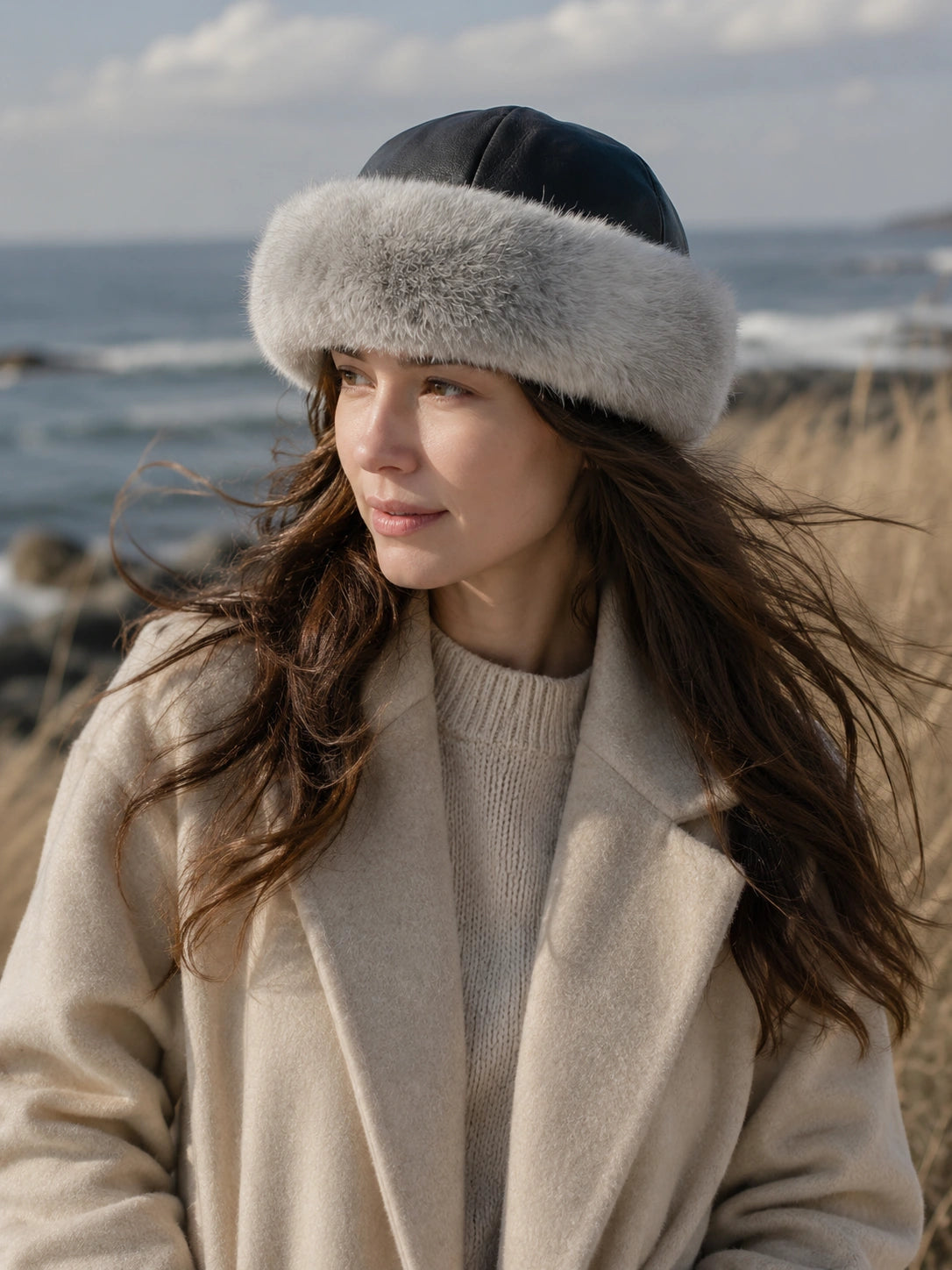 Silver Gray rabbit fur leather round hat styled by the coast