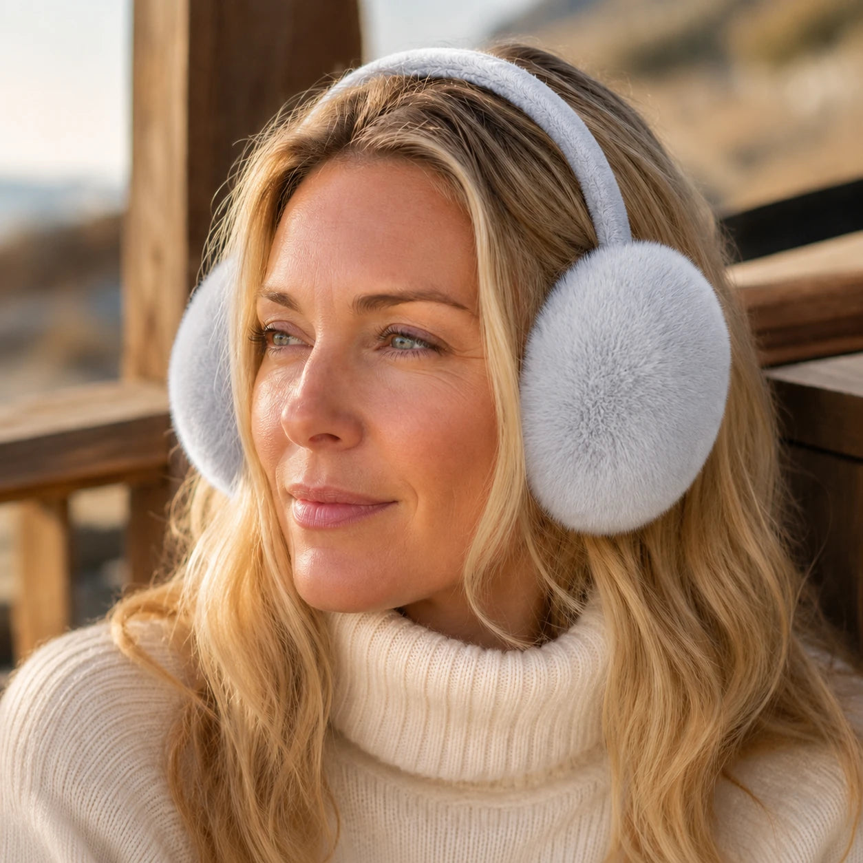 Silver Gray genuine Rex rabbit fur earmuffs worn by a woman