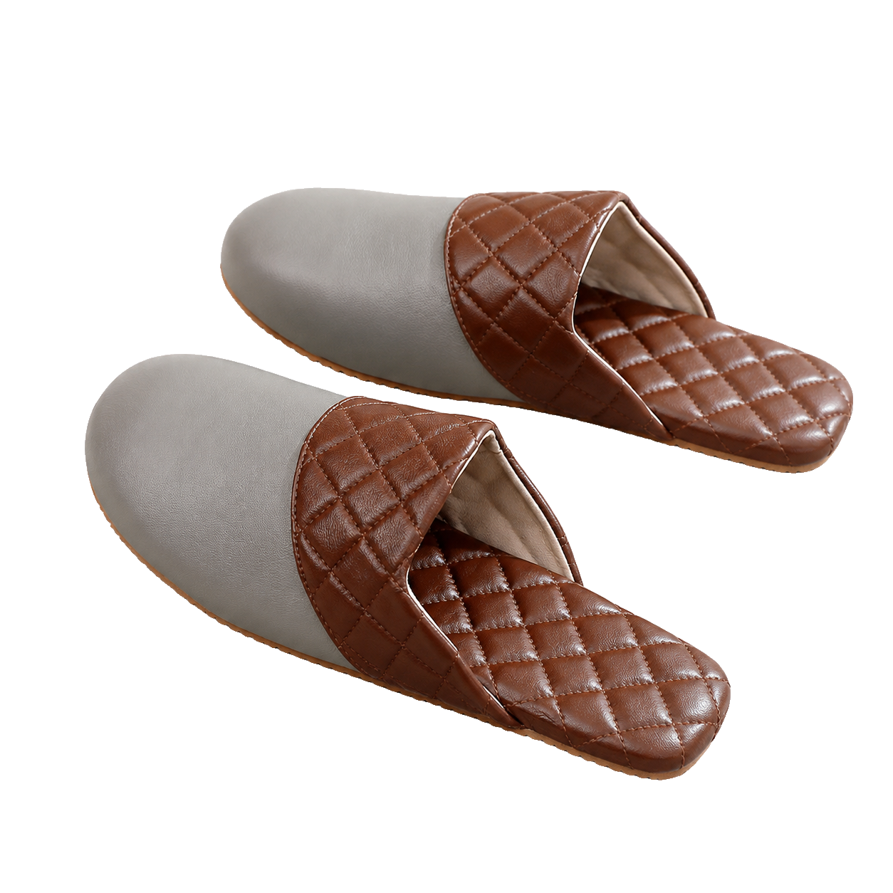 Soft Gray genuine lambskin leather house slippers on a transparent background