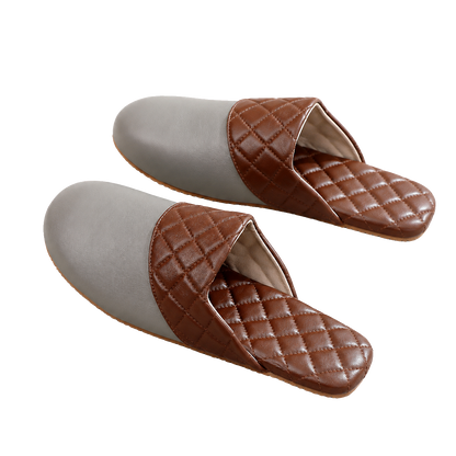 Soft Gray genuine lambskin leather house slippers on a transparent background
