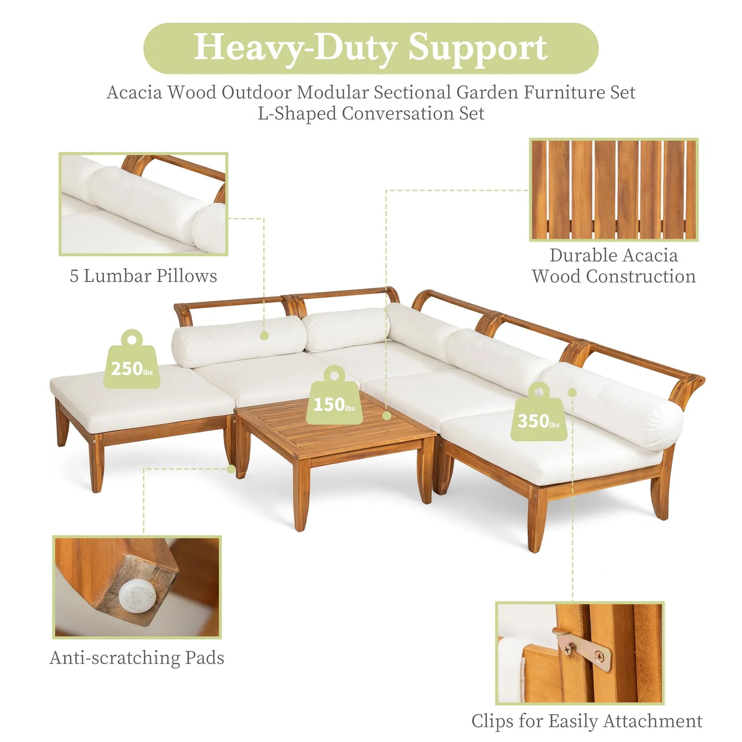 6 Piece Patio Sofa Set, Acacia Wood Outdoor Modular Sectional Garden Furniture Set L-Shaped Conversation Set, Convertible Daybed with Tea Table – view 7