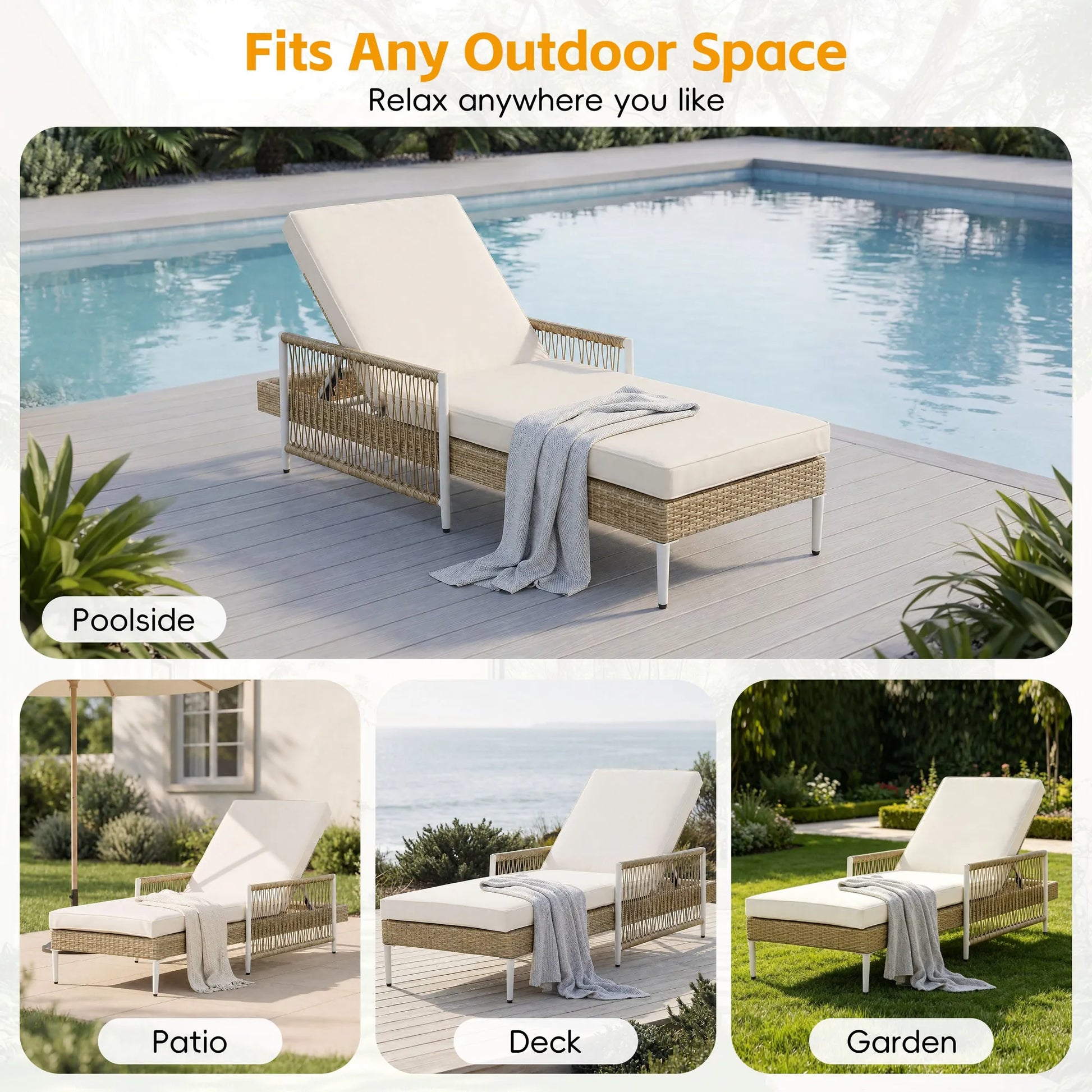 Outdoor All-Weather PE Rattan Chaise Lounge, Minimalist Patio Wicker Lounge Chair with 6 Gear Adjustable Recliner, Arms and Cushion for Poolside – view 7