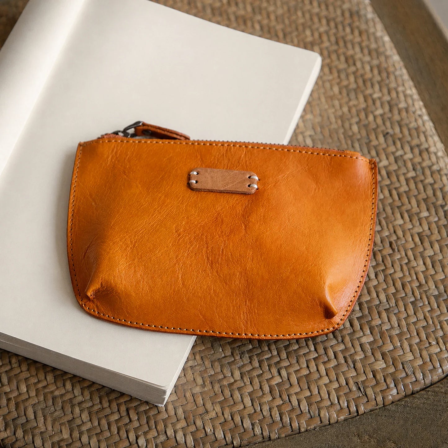 Sunset yellow vegetable-tanned top-grain leather cosmetic pouch