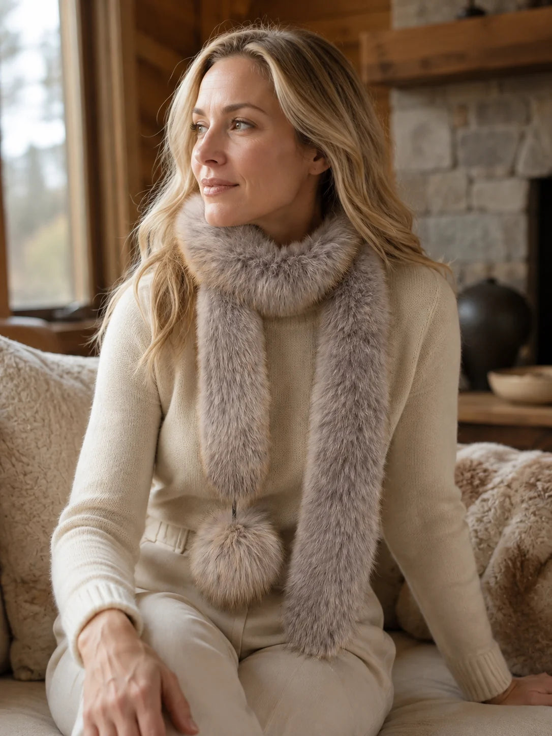 Woman styling the Golden Brown fox fur long scarf indoors