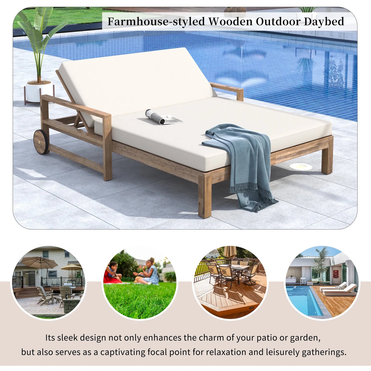 1-Piece Farmhouse-styled Wooden Outdoor Sunbed for Ultimate Relaxation Outdoor Daybed Seating 2 People for Poolside, Garden and Backyard (Beige) – view 7