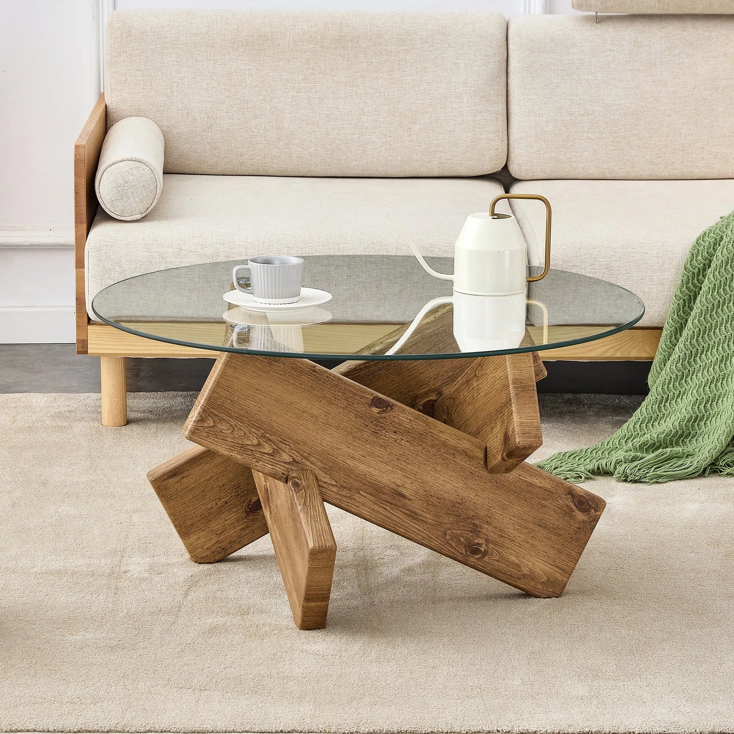 Circular glass coffee table, 33.4-inch modern and distinctive design tea table. Tempered glass countertop, wood colored MDF table legs. Suitable for – view 7