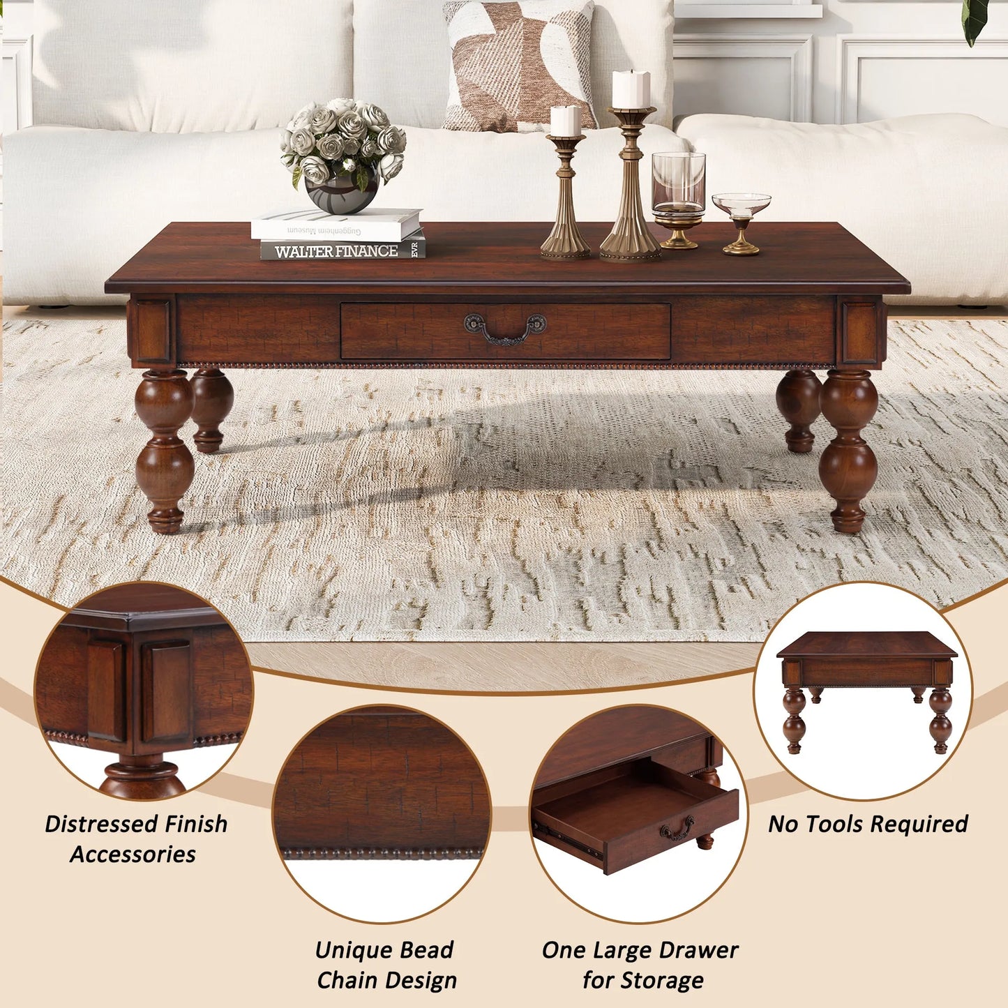 Rectangular Wooden Coffee Table with Storage Drawer, Vintage Cocktail Table with Solid Wood Gourd-Shaped Legs for Living Room,No-Tools Assembly – view 7