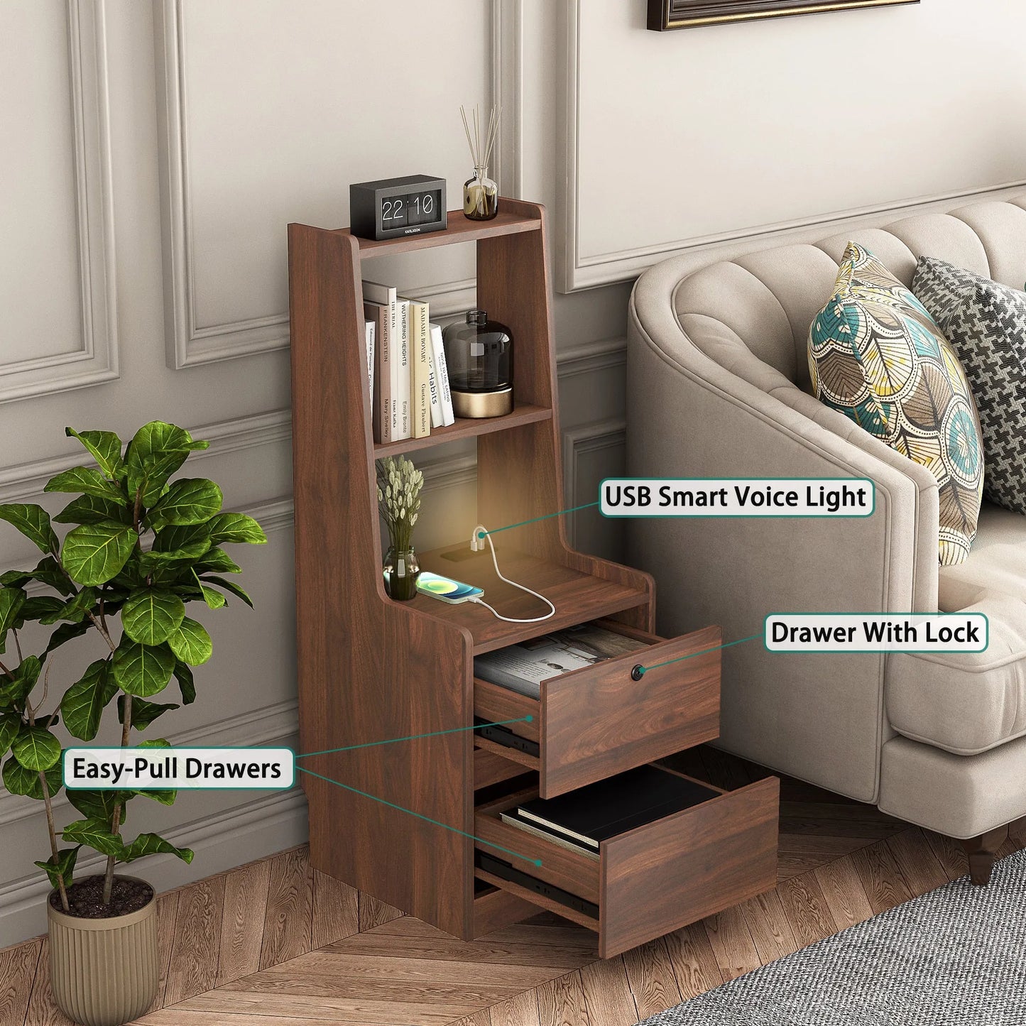 Nightstand with Charging Station, Smart Nightstand with Night Light, Modern Night Stand with Bookshelf, Bedside Tables with Storage Cabinet for – view 7
