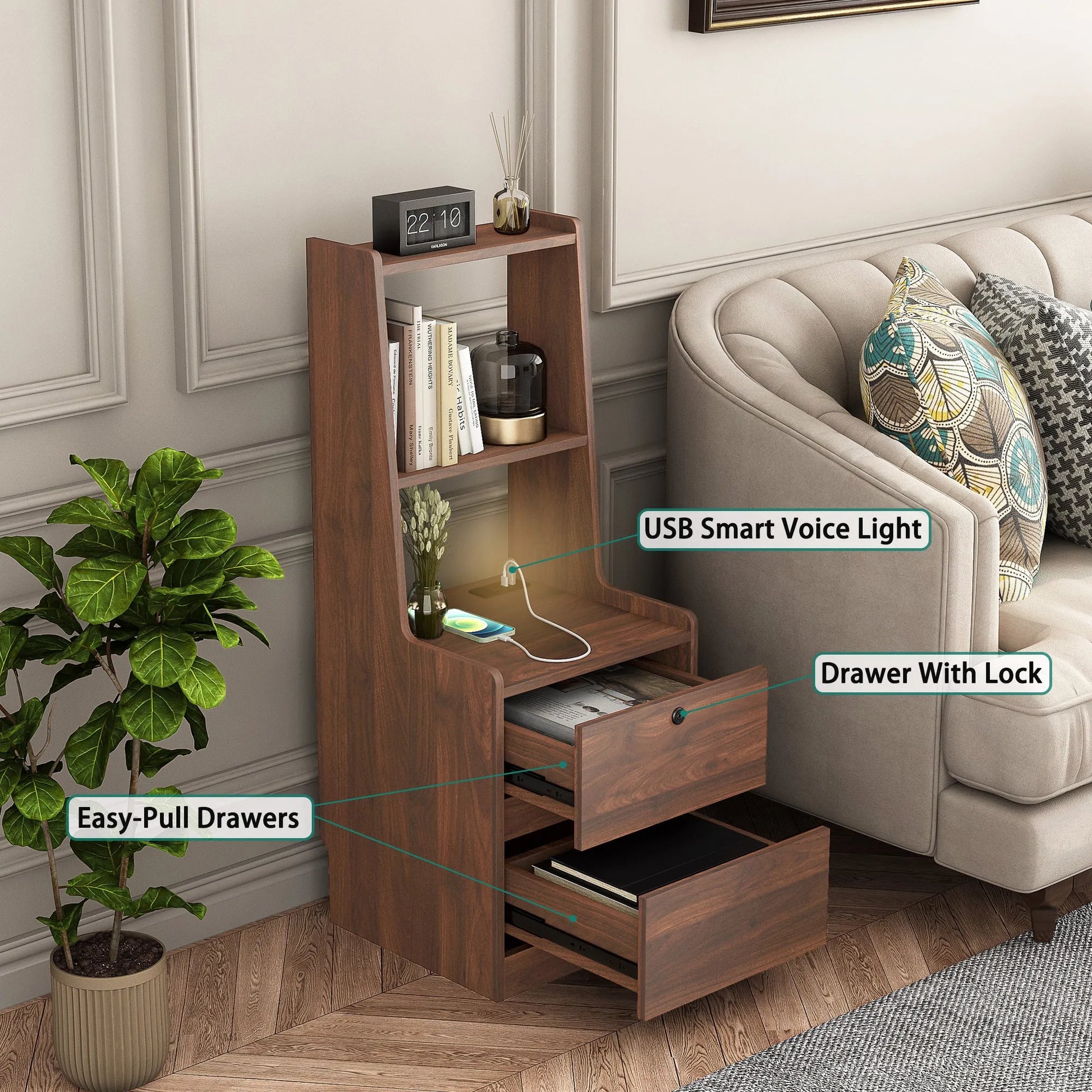 Nightstand with Charging Station, Smart Nightstand with Night Light, Modern Night Stand with Bookshelf, Bedside Tables with Storage Cabinet for – view 7