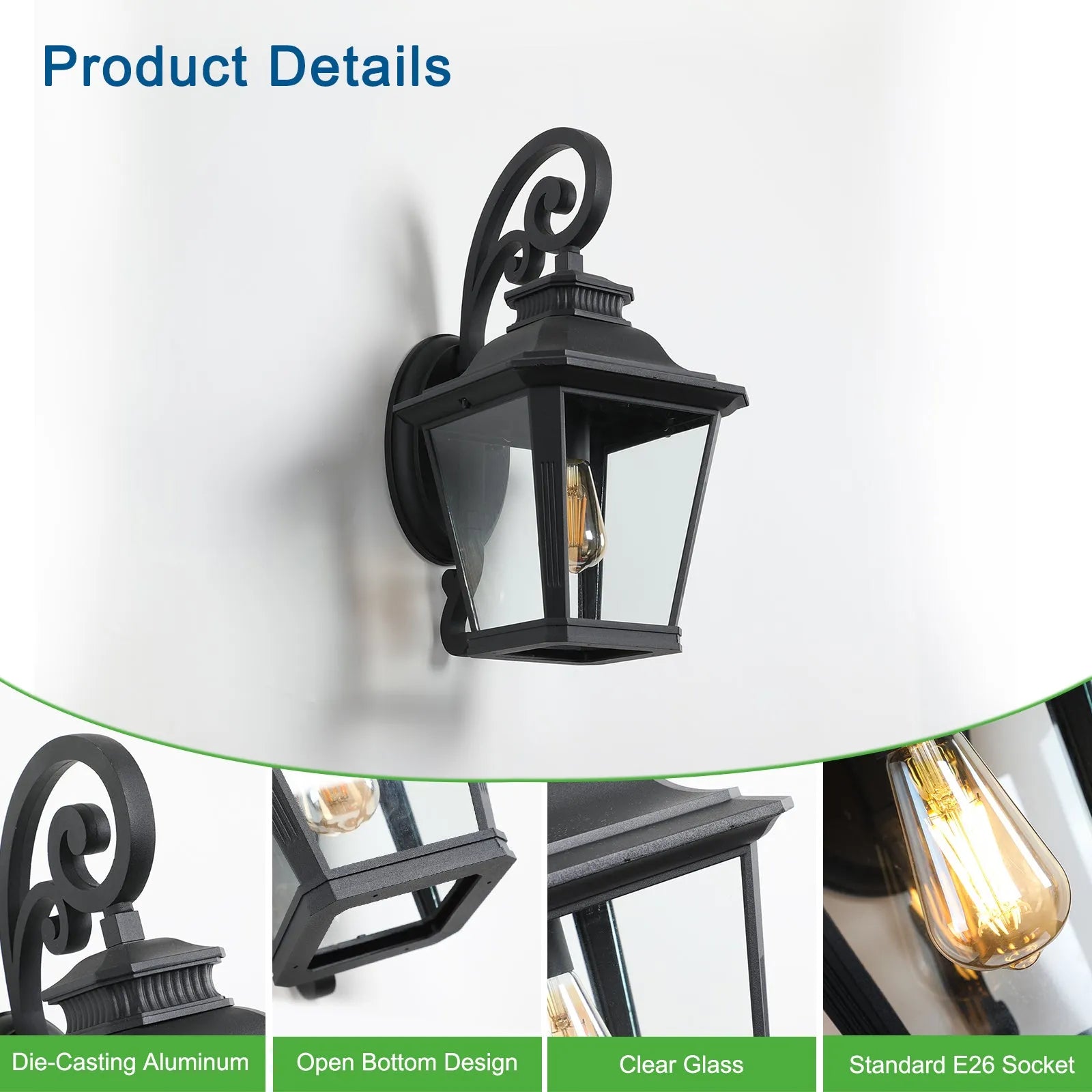 21'(H) 1-Pack Outdoor Wall Lantern Light – Vintage Black Metal & Clear Glass Sconce with Decorative Scroll Design for Porch, Patio, and Garden – view 7