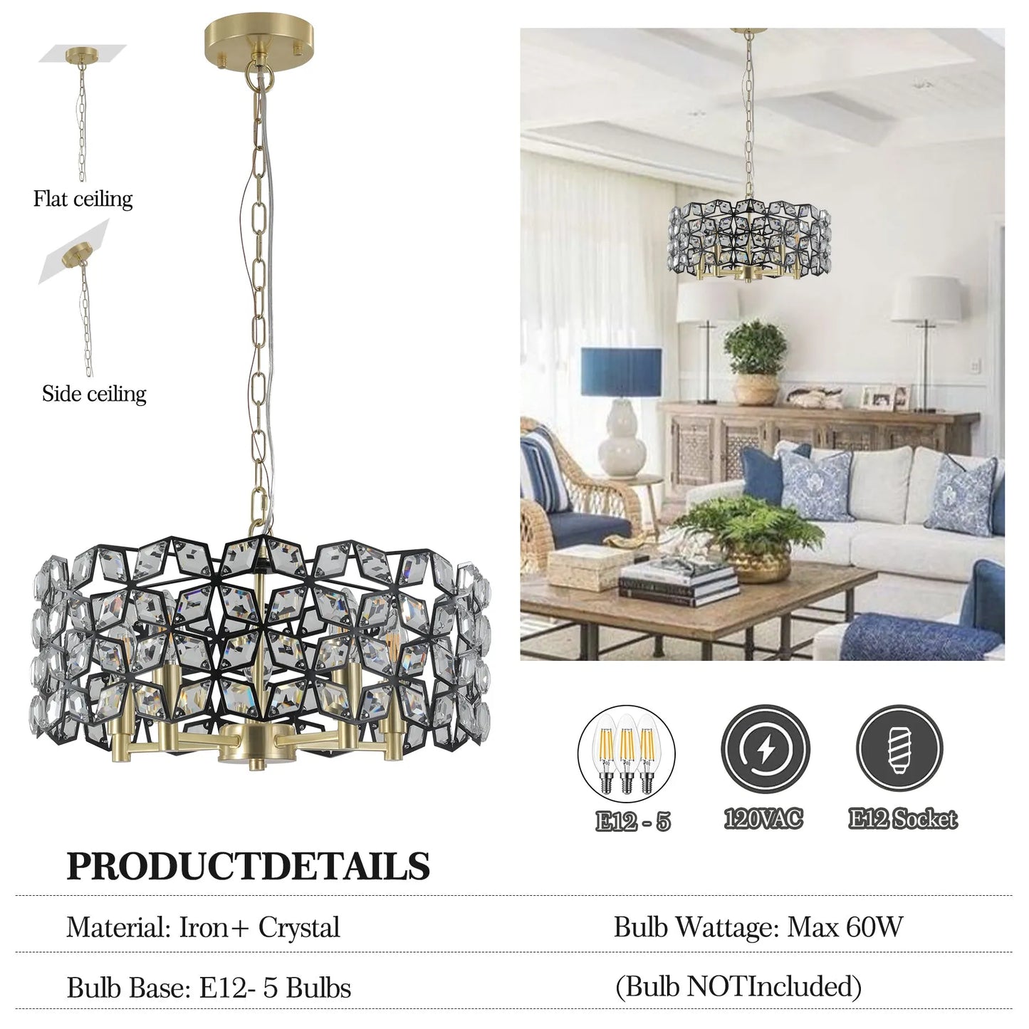 19' Geometric Crystal and BlackGold Round Pendant Chandelier – Modern 5-Light Fixture for Dining Room, Living Room, or Kitchen (Bulb Not Included) – view 7