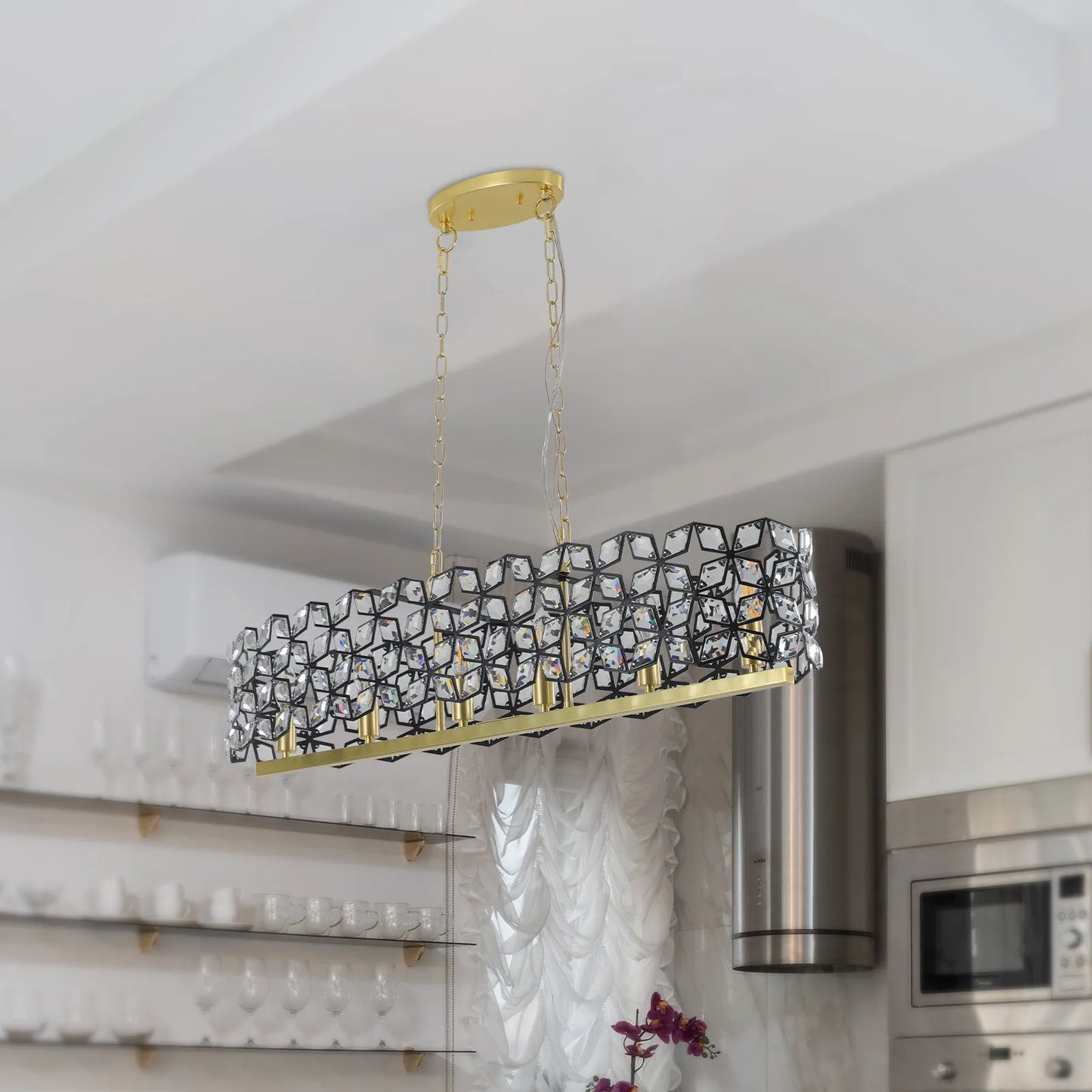 39' Contemporary Crystal and BlackGold Pendant Chandelier – Geometric Modern Light Fixture for Dining Room, Kitchen, or Living Room (Bulb Not – view 7