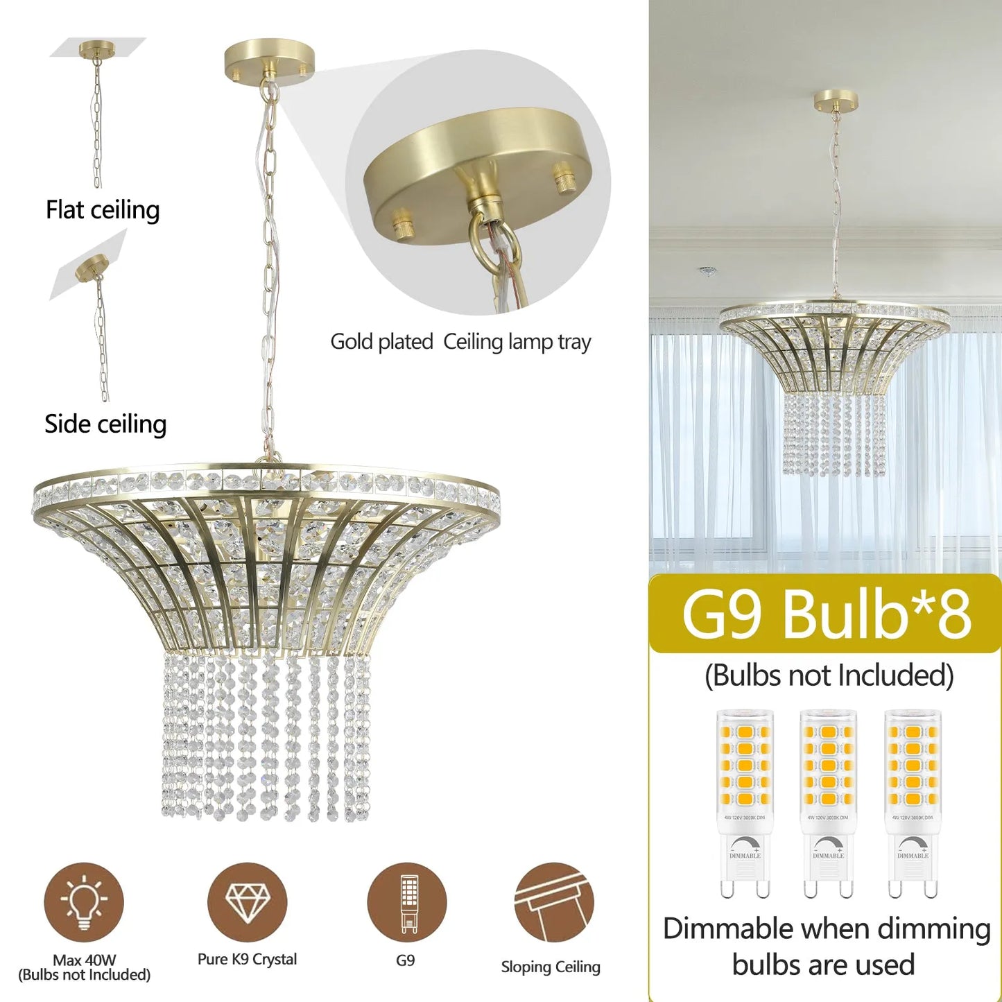 24' Modern Crystal Round Chandelier with Gold Finish, Elegant Pendant Light with Cascading Beads, for Dining Room, Living Room, or Foyer (No Bulbs) – view 7