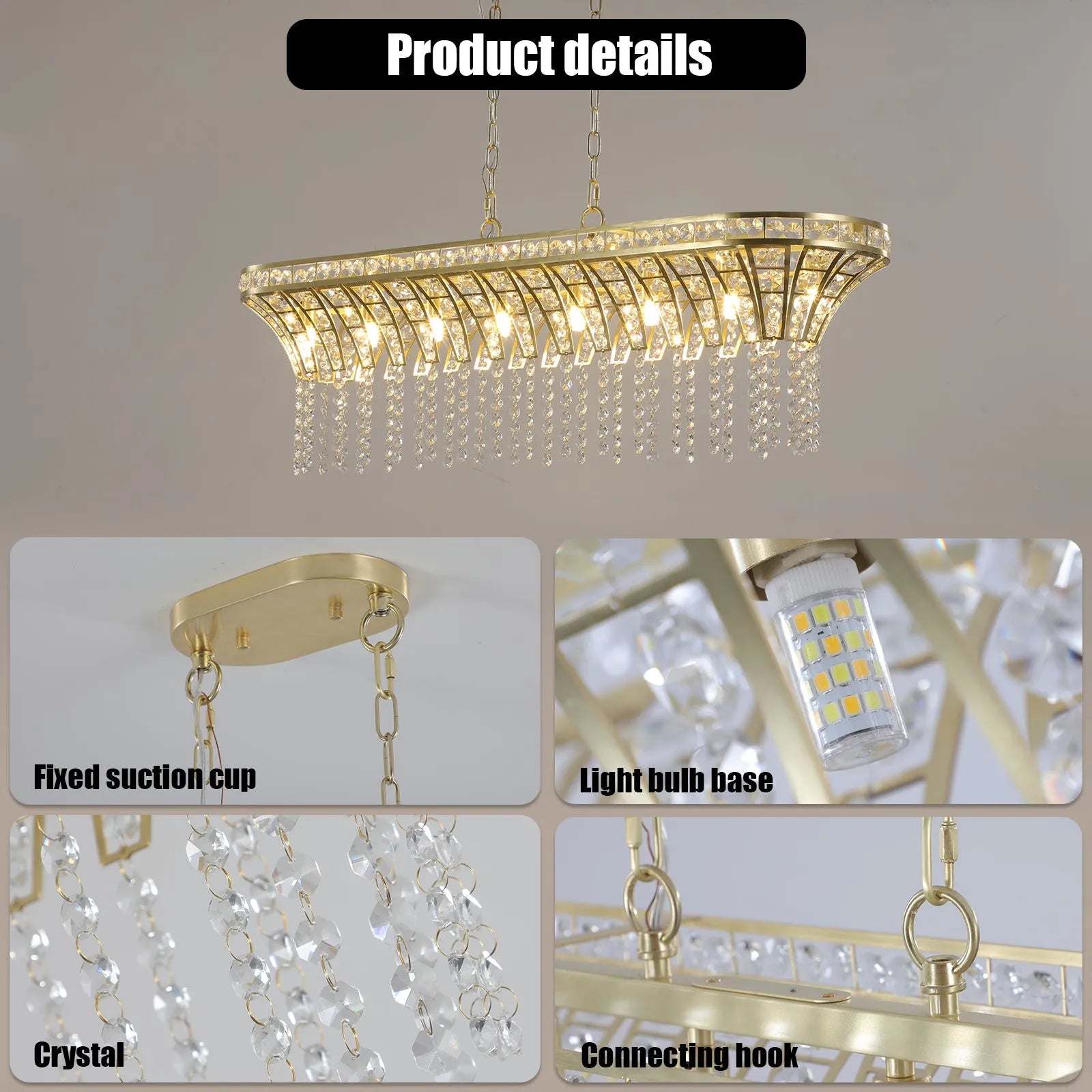 39' Modern Crystal Linear Rectangle Chandelier with Gold Finish, Elegant Pendant Light with Cascading Beads, for Dining Room, Living Room, or Foyer – view 7