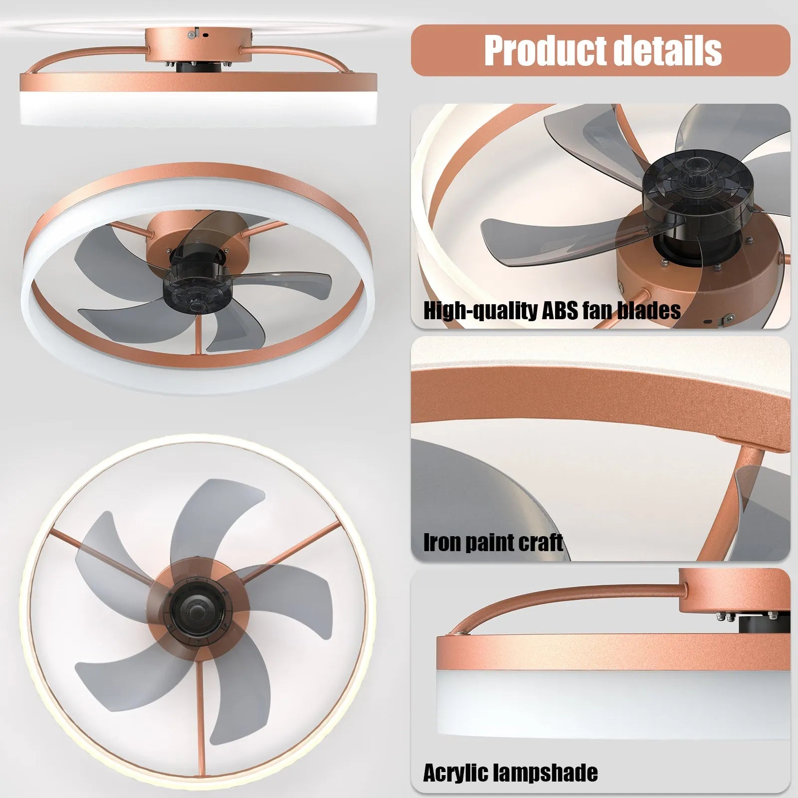 Ceiling Fans with Lights Dimmable LED Embedded installation of thin modern ceiling fans(Rose Gold) – view 7
