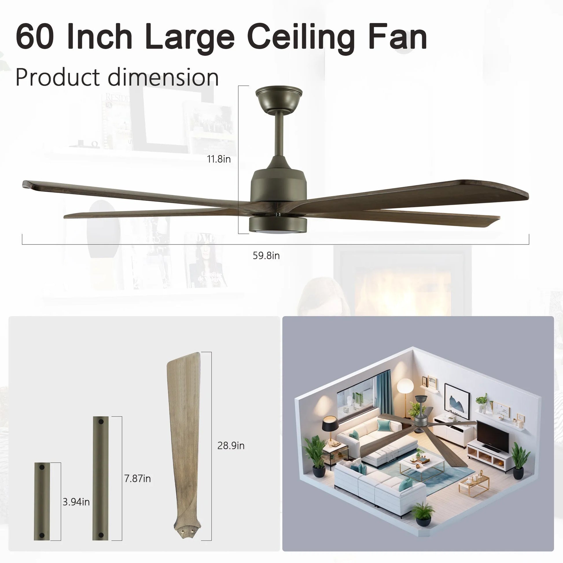 60' Modern Wood Ceiling Fan with Light and Remote Control,6-Speed Noiseless Reversible DC Motor, Ceiling Fan for Kitchen Dinning Living Room – view 7