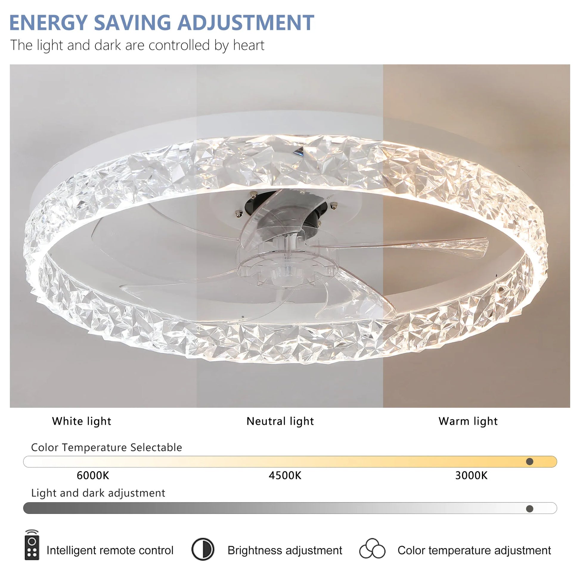 Modern Acrylic Ceiling Fan Light with Remote Control, Dimmable LED Chandelier, 6-Speed Adjustable, Quiet Motor, Flush Mount Design for Living Room – view 7
