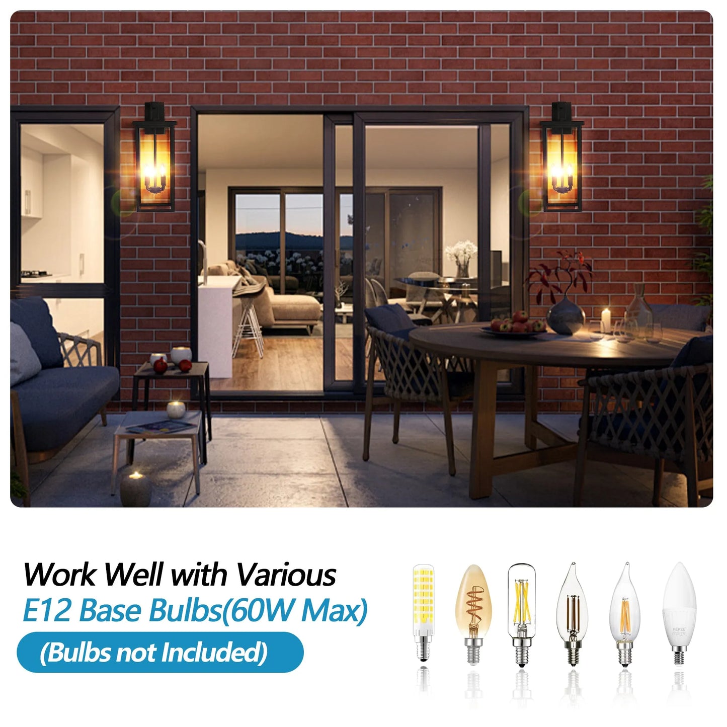26'(H) 1ps Modern Outdoor Wall Lanterns with Black Metal Frame and Clear Glass, 4 E12 Bulb Socket, Weatherproof Wall Sconces for Porch, Garden, Patio – view 7