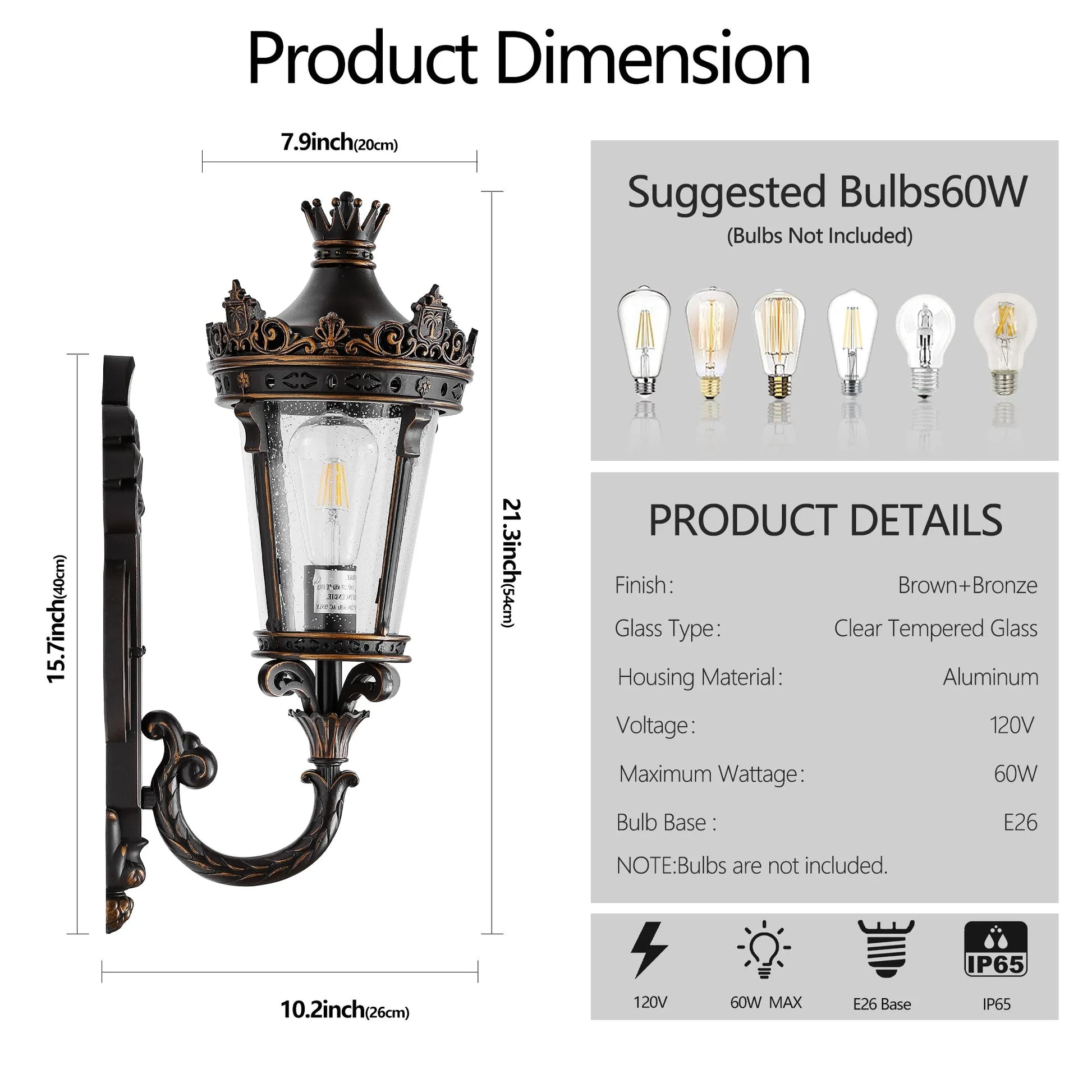21'(H) Vintage Outdoor Wall Lantern, Waterproof Exterior Wall Sconce with Crown Top and Clear Glass, Decorative Outdoor Lighting Fixture for Patio – view 7