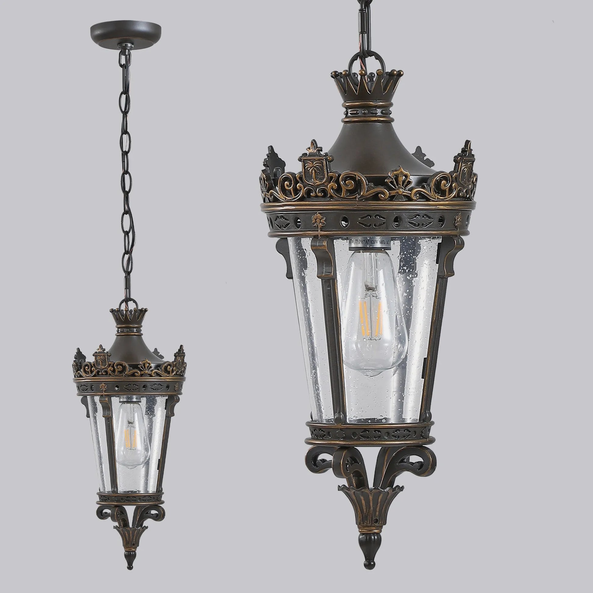 18'(H) Antique Crown Outdoor Hanging Lantern, Waterproof Vintage Pendant Light with Ornate Metal Design and Clear Glass for Patio, Garden, Porch – view 7