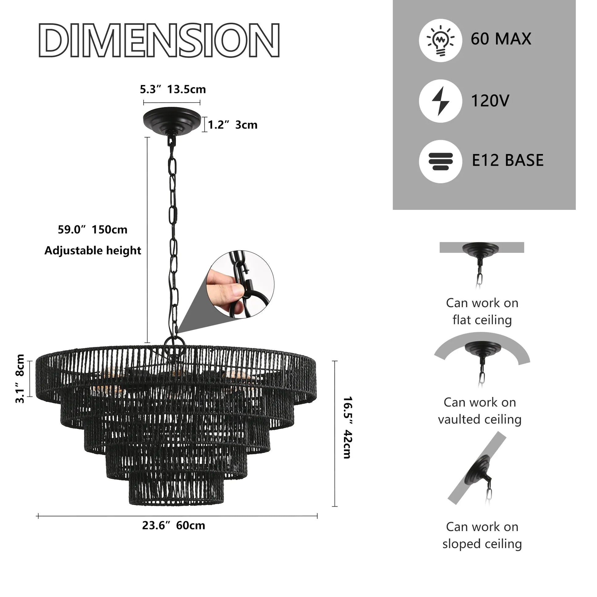 24' Rustic 5-Tier Black Hemp Rope Pendant Light Chandelier with 8 E12 Sockets, Boho Farmhouse Ceiling Fixture for Dining Room, Kitchen, or Entryway – view 7